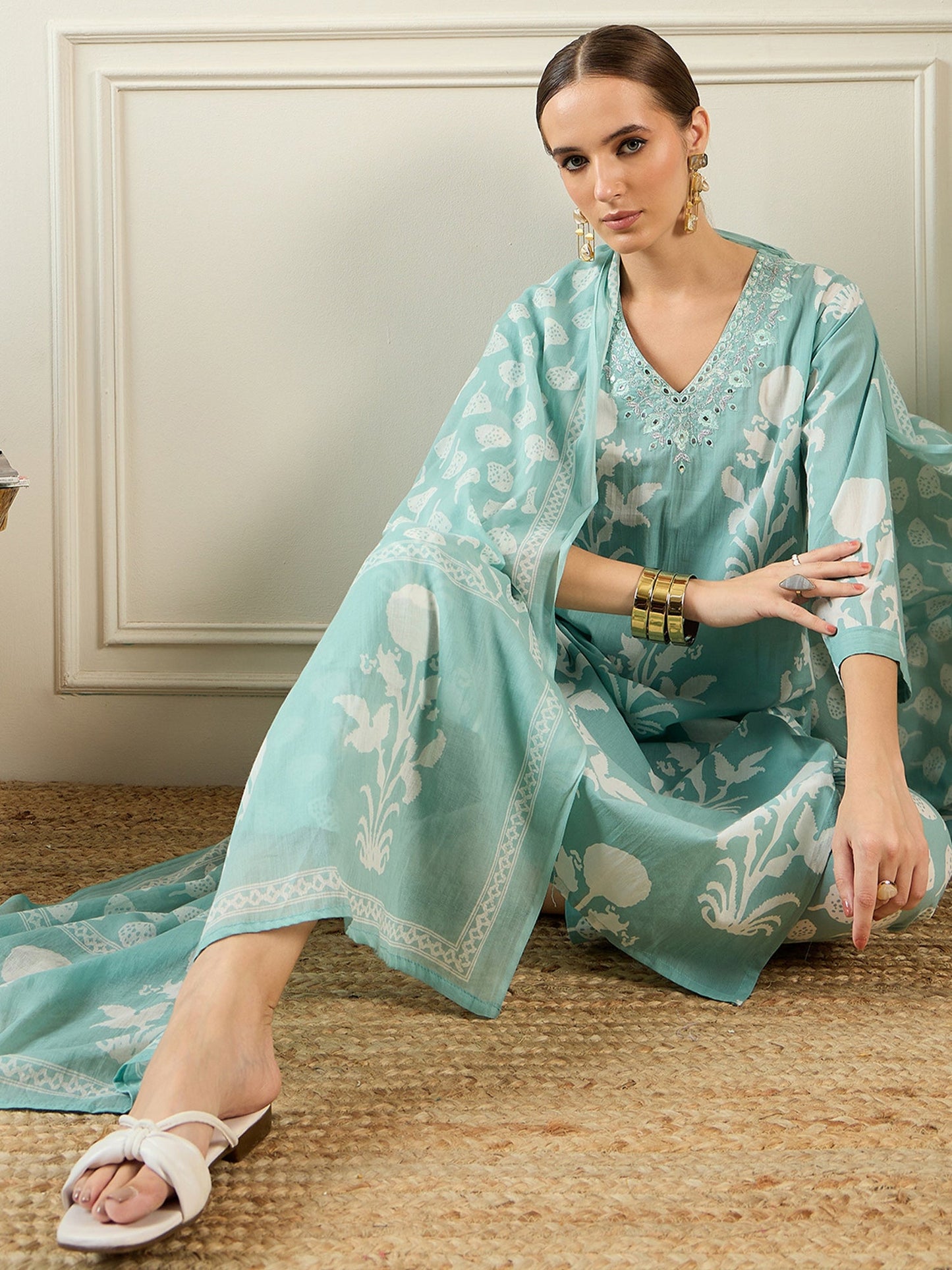 Indo Era Green Printed Straight Kurta Trousers With Dupatta set