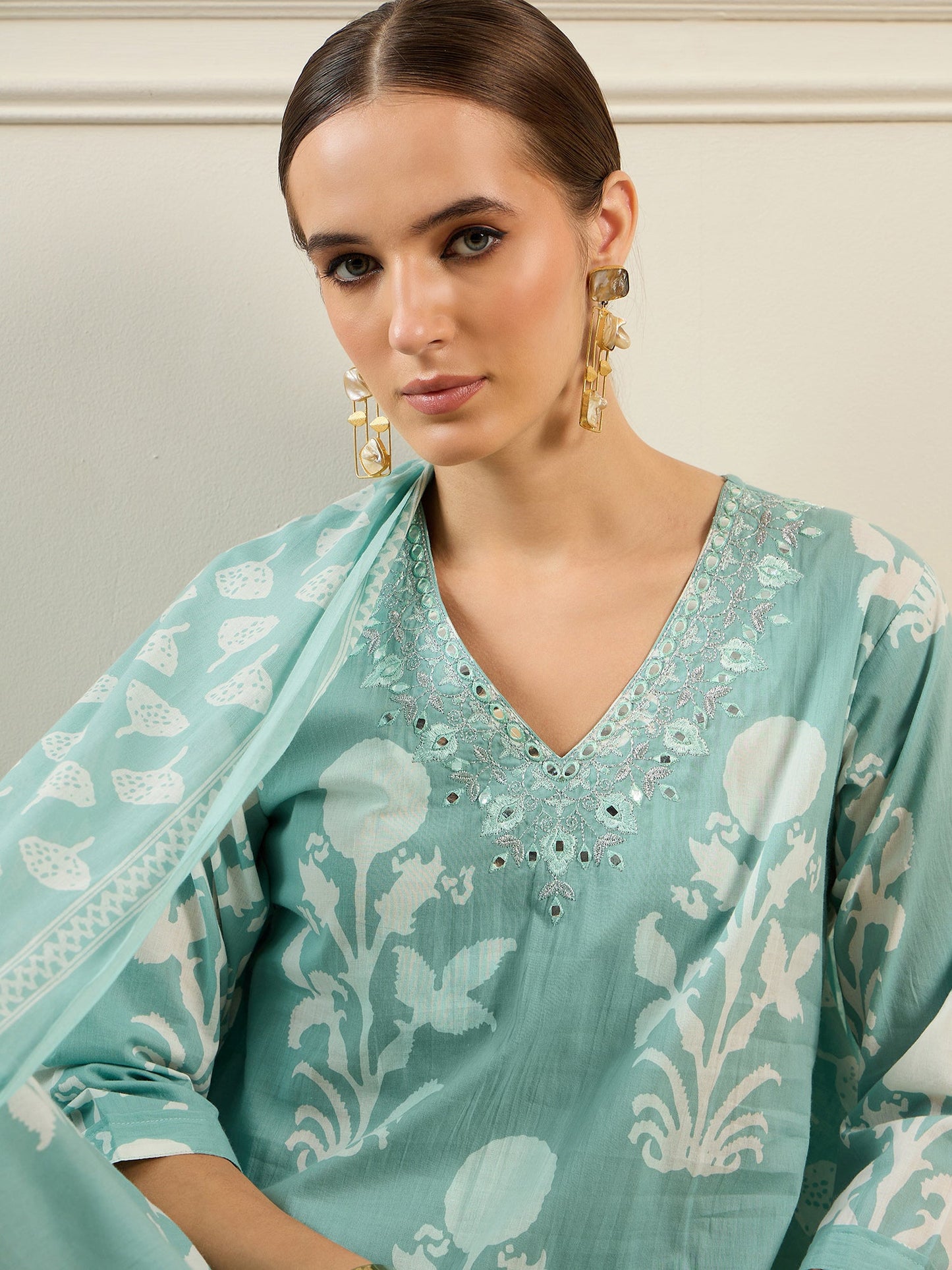 Indo Era Green Printed Straight Kurta Trousers With Dupatta set