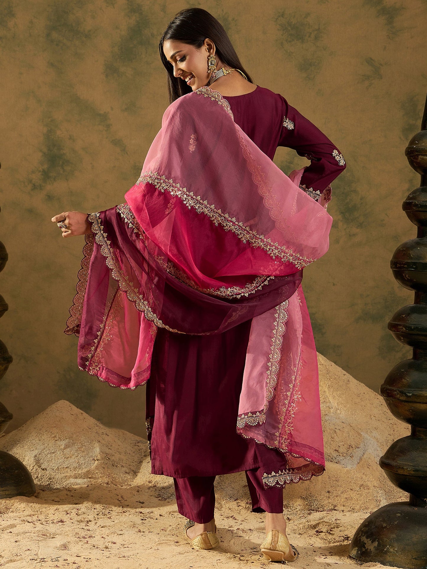 Maroon Straight Embroidered Kurta Trousers With Dupatta Set
