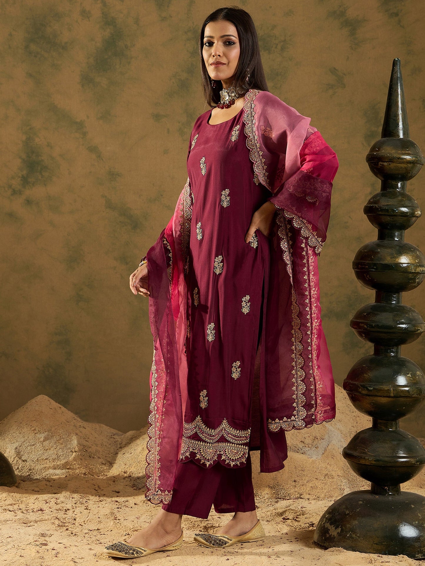 Maroon Straight Embroidered Kurta Trousers With Dupatta Set