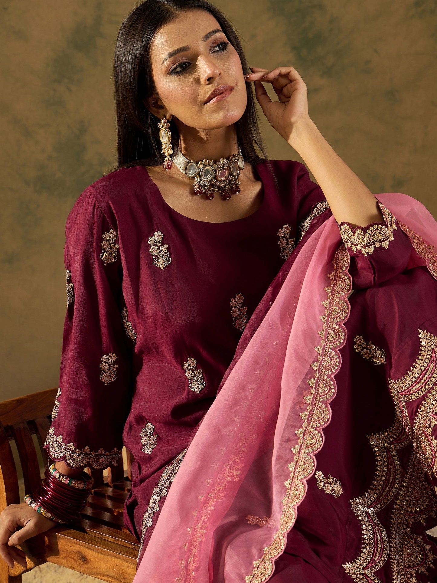 Maroon Straight Embroidered Kurta Trousers With Dupatta Set