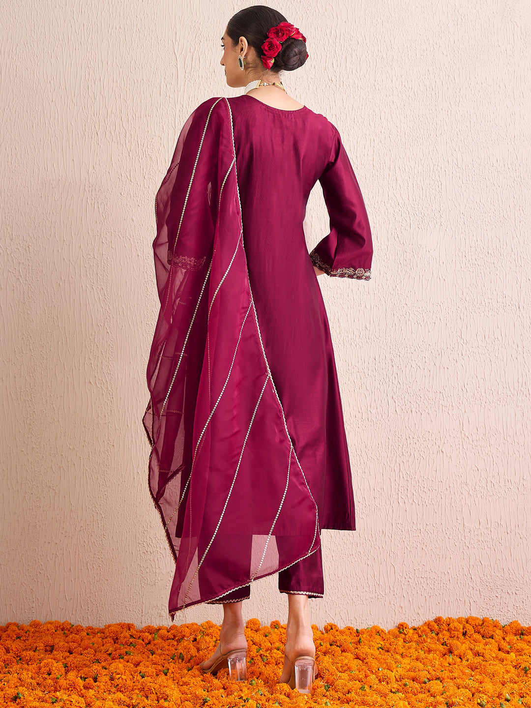 Indo Era Burgundy Embroidered A-Line Kurta Palazzos With Dupatta Set