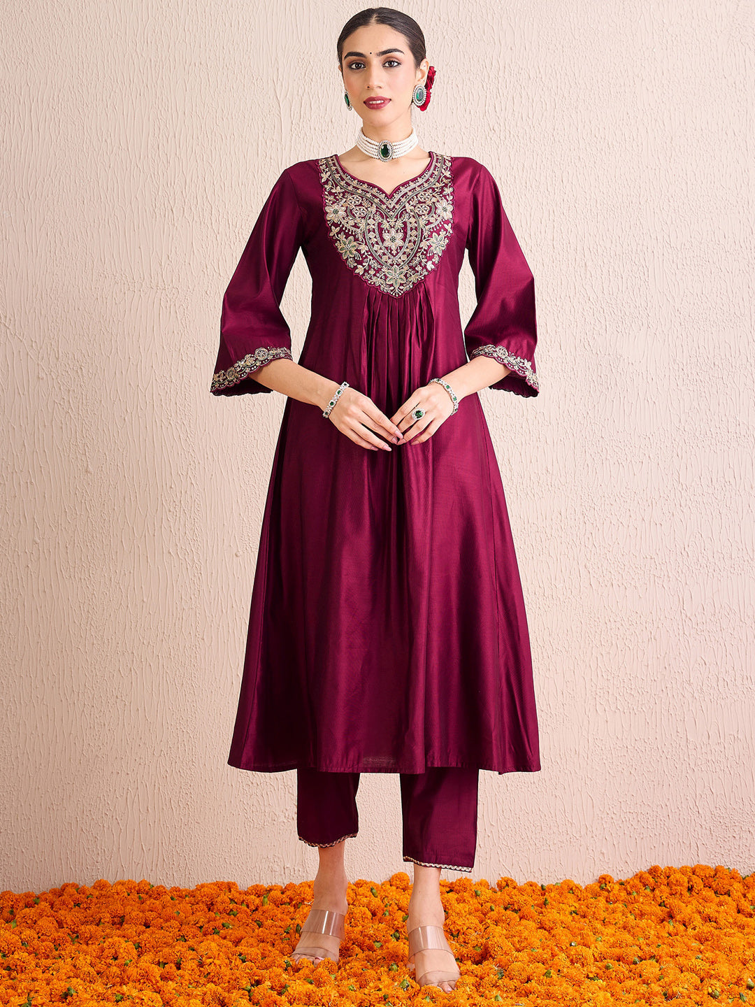 Indo Era Burgundy Embroidered A-Line Kurta Palazzos With Dupatta Set
