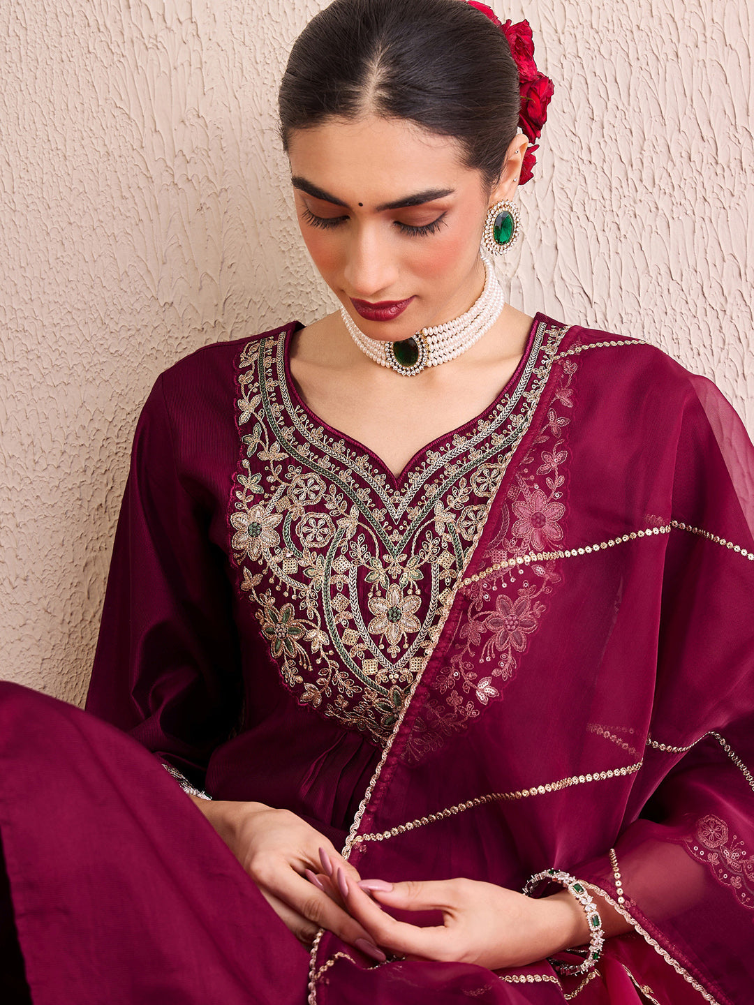Indo Era Burgundy Embroidered A-Line Kurta Palazzos With Dupatta Set