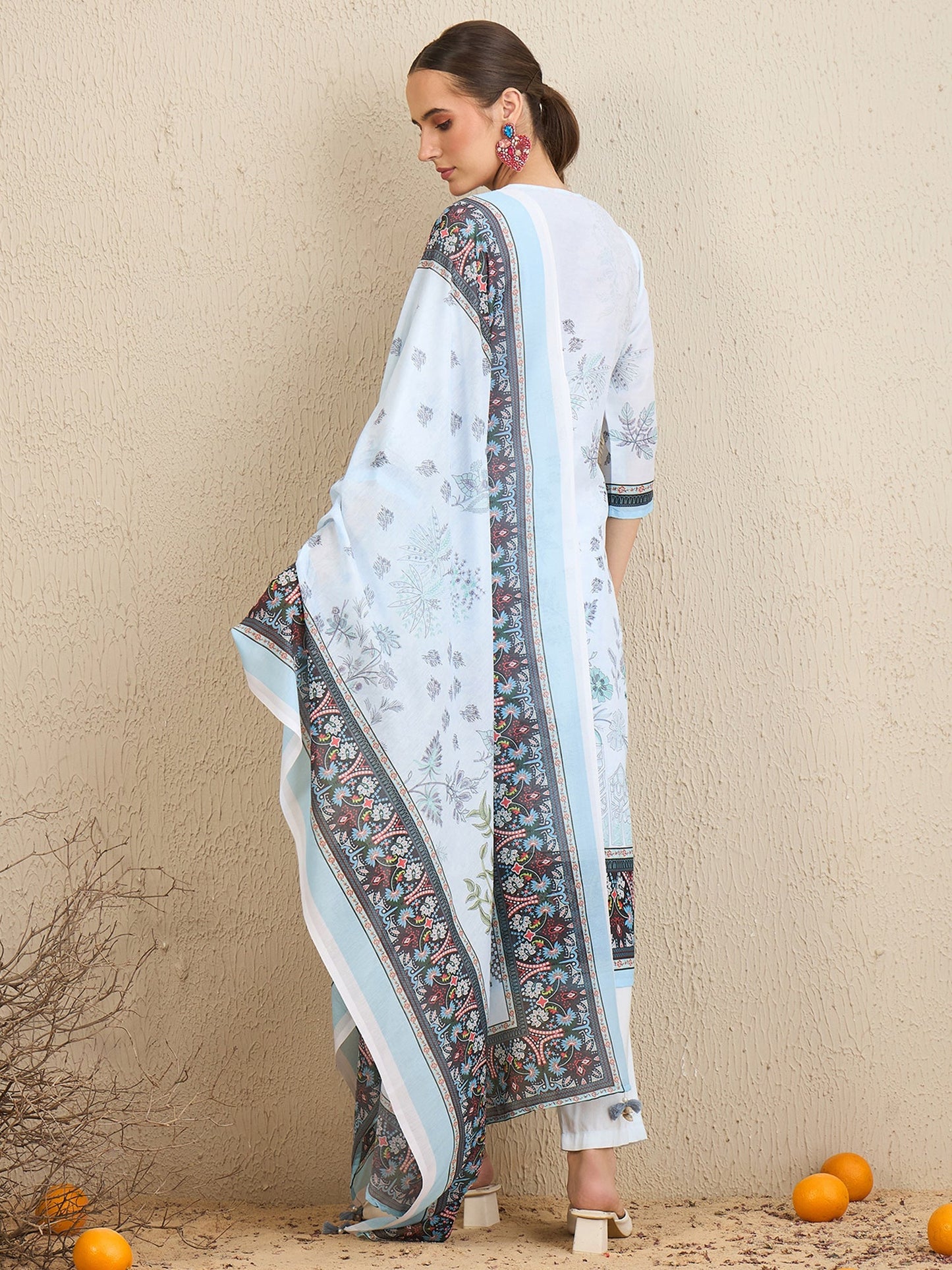 Indo Era Blue Printed Straight Kurta Trousers With Dupatta set