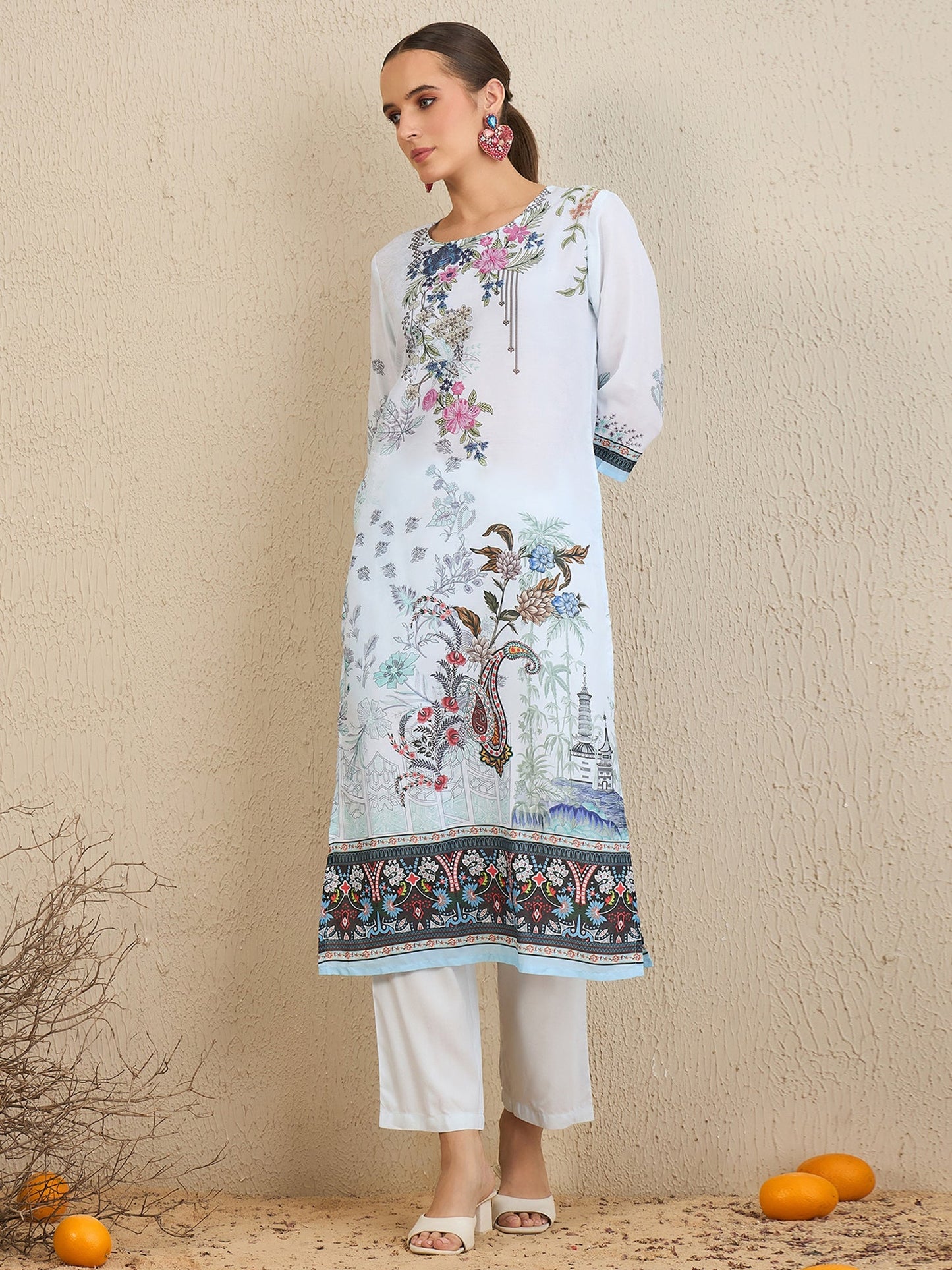 Indo Era Blue Printed Straight Kurta Trousers With Dupatta set