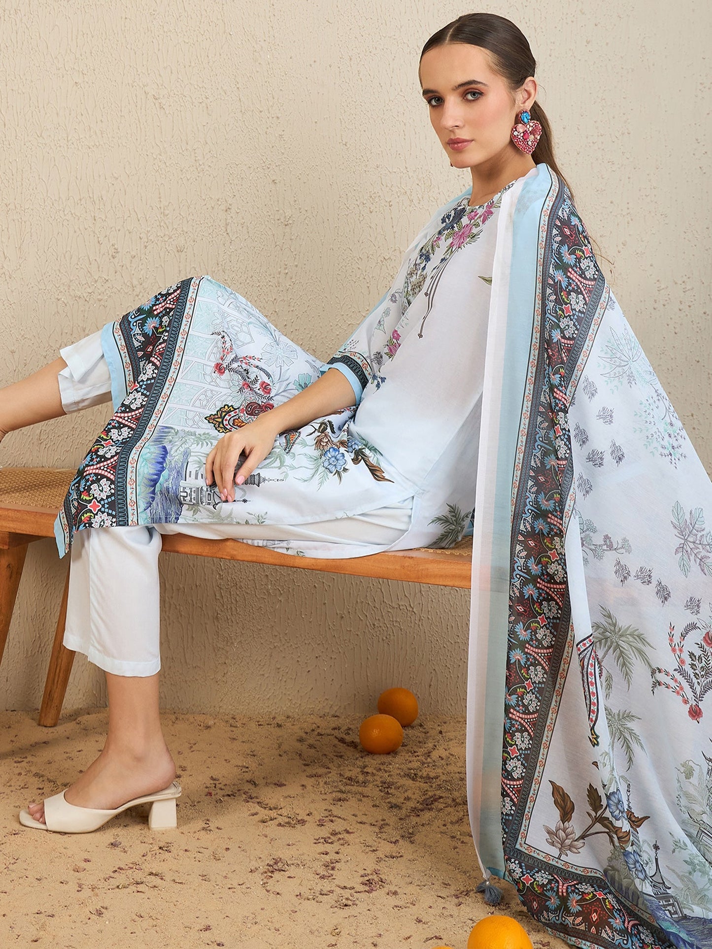 Indo Era Blue Printed Straight Kurta Trousers With Dupatta set