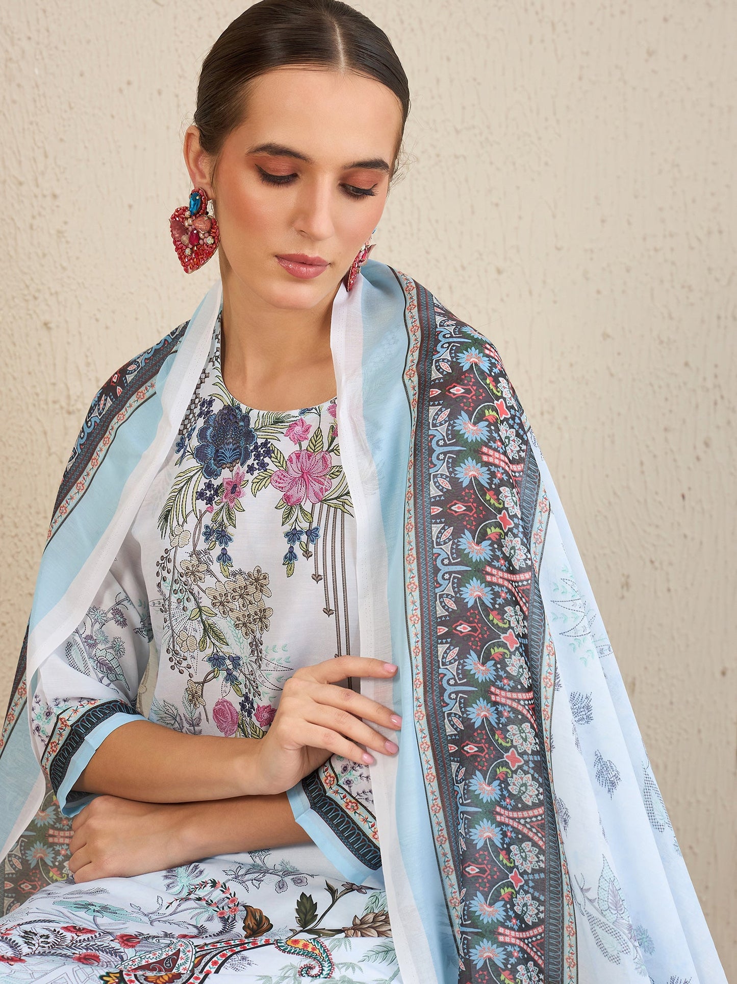 Indo Era Blue Printed Straight Kurta Trousers With Dupatta set