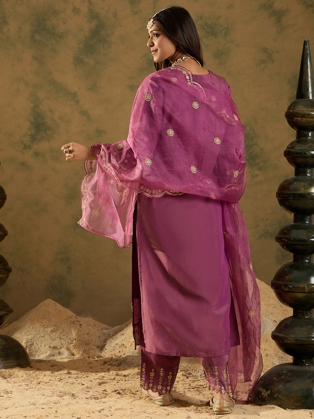 Indo Era Burgandy Straight Embroidered Kurta Trousers With Dupatta Set