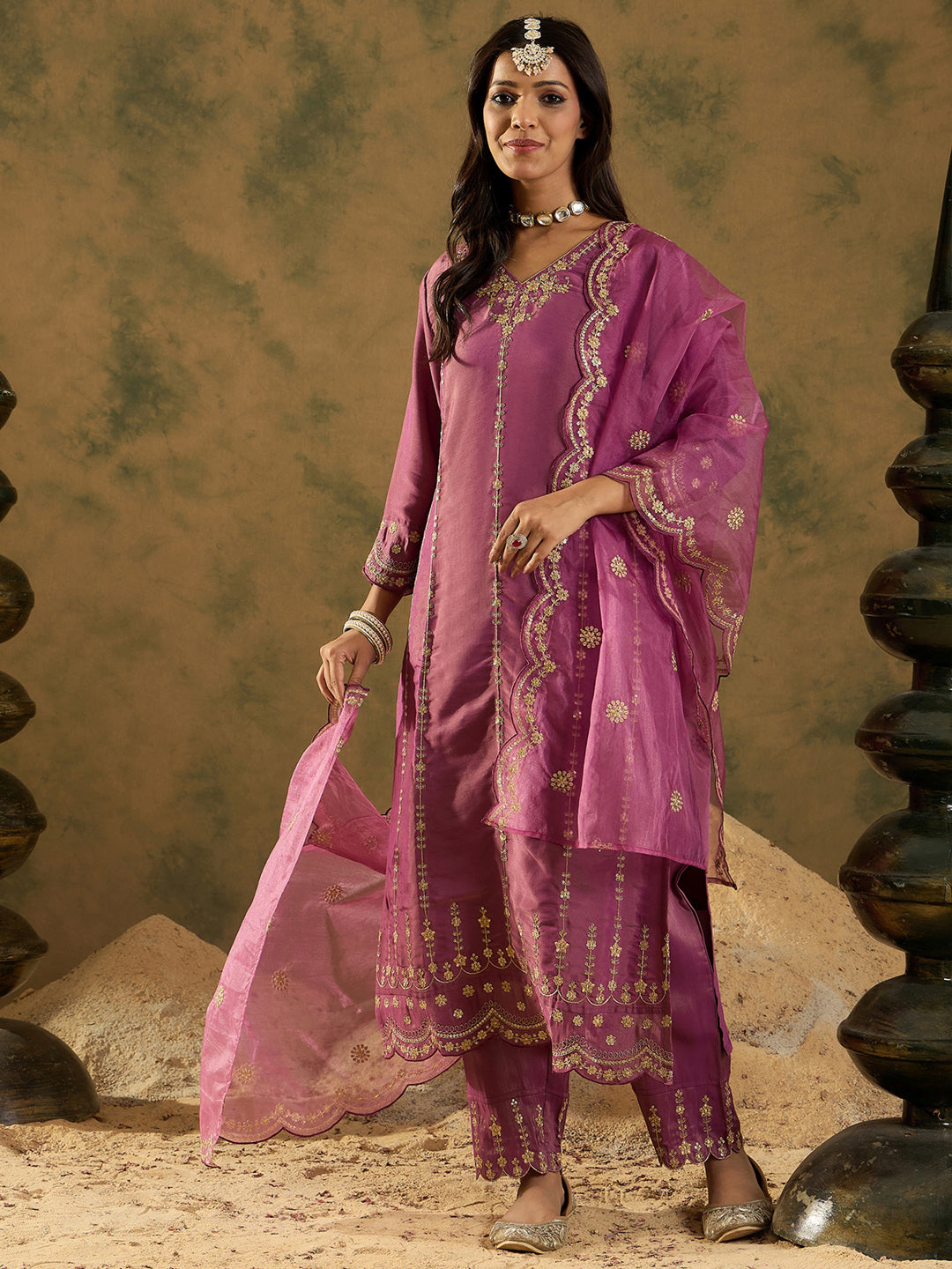 Indo Era Burgandy Straight Embroidered Kurta Trousers With Dupatta Set