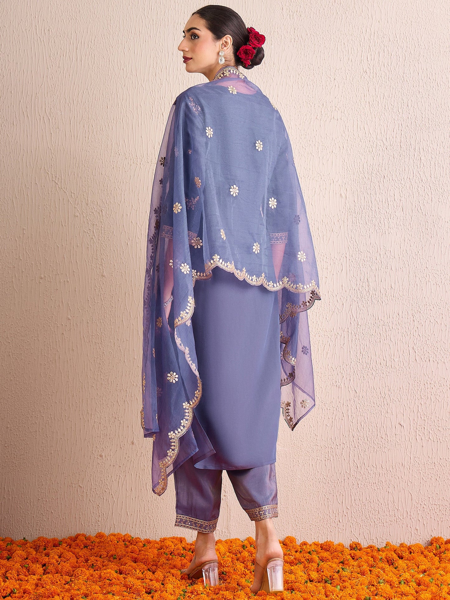 Indo Era Blue Straight Embroidered Kurta Trousers With Dupatta Set