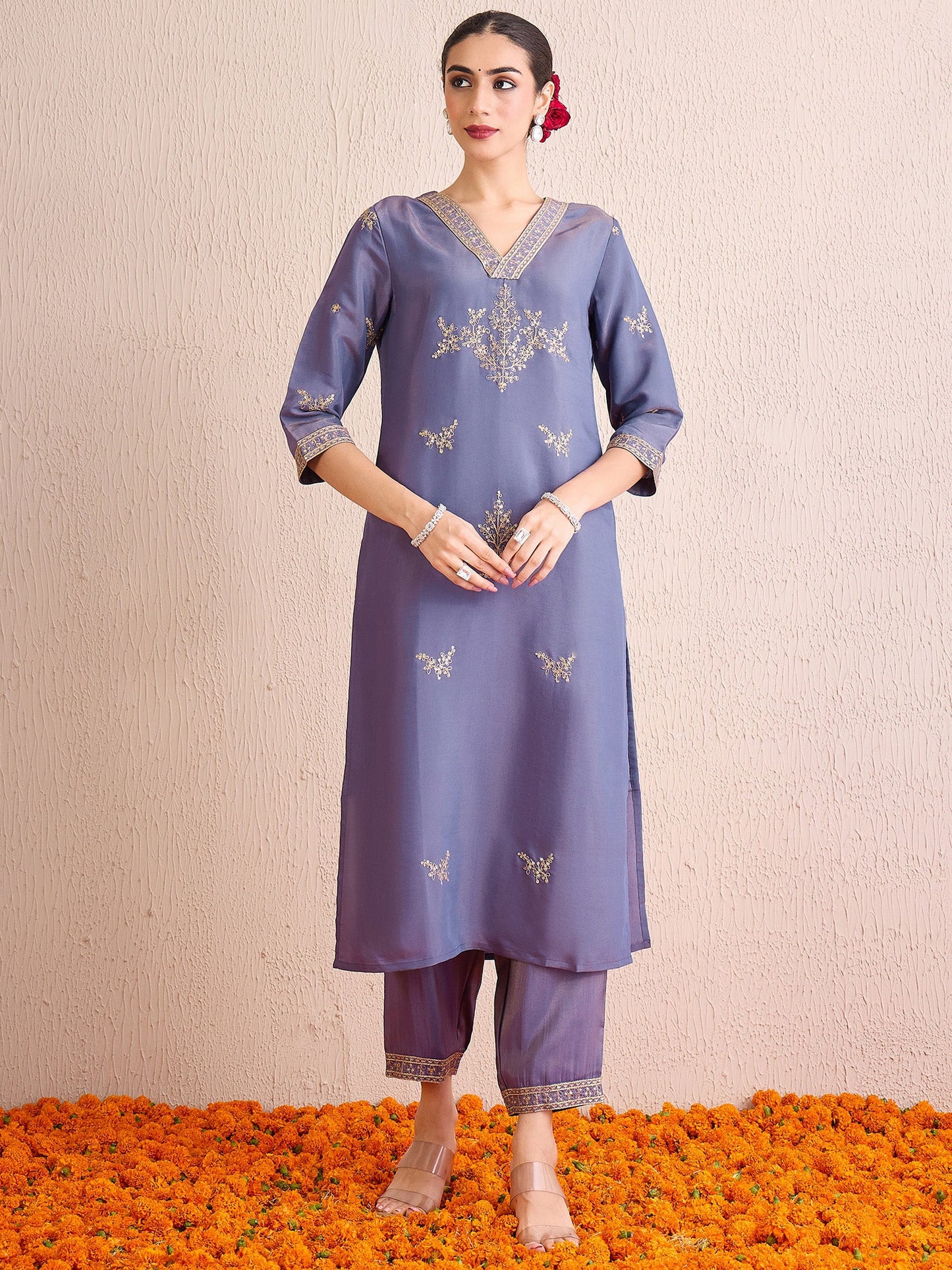 Indo Era Blue Straight Embroidered Kurta Trousers With Dupatta Set
