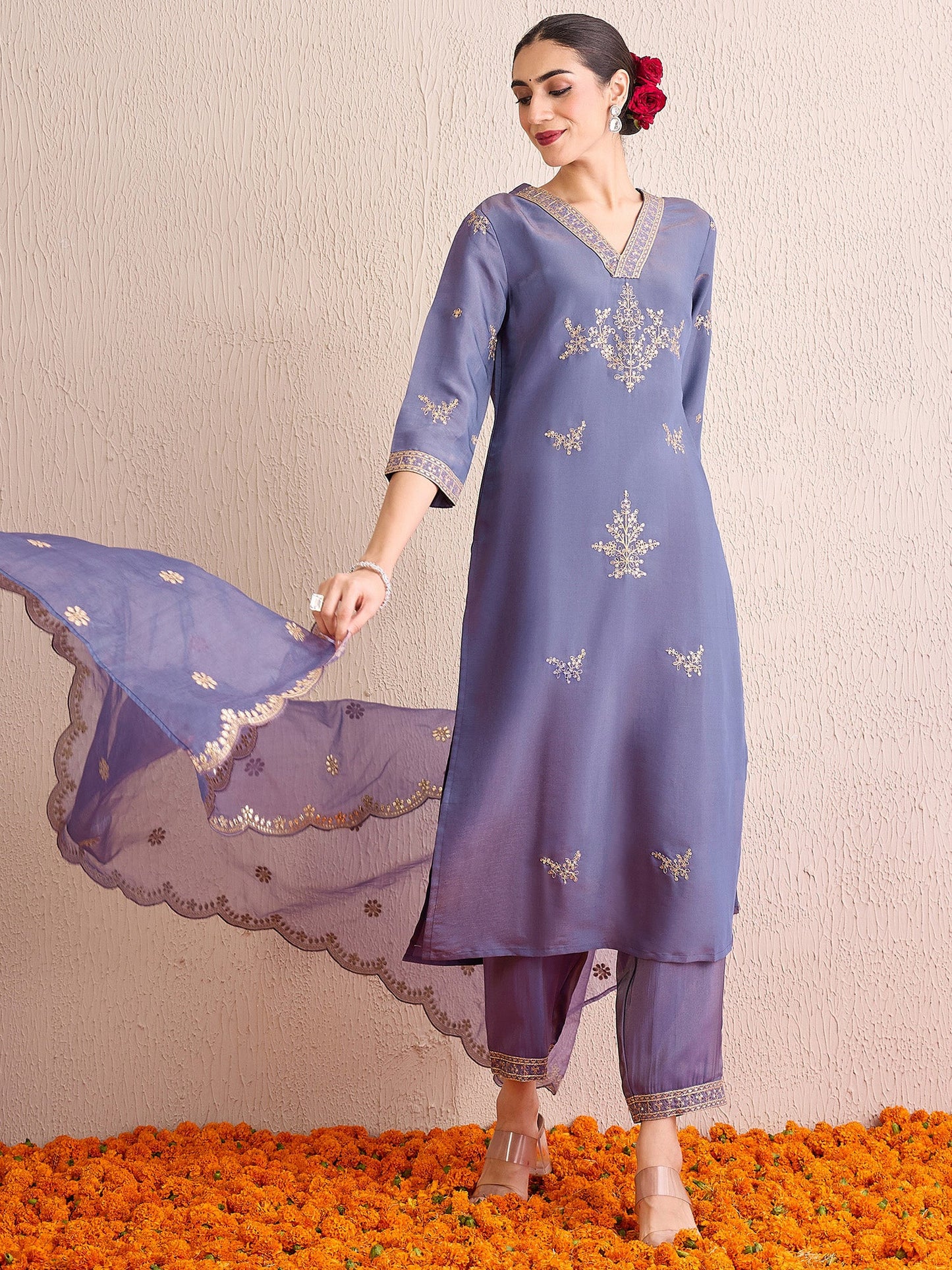 Indo Era Blue Straight Embroidered Kurta Trousers With Dupatta Set