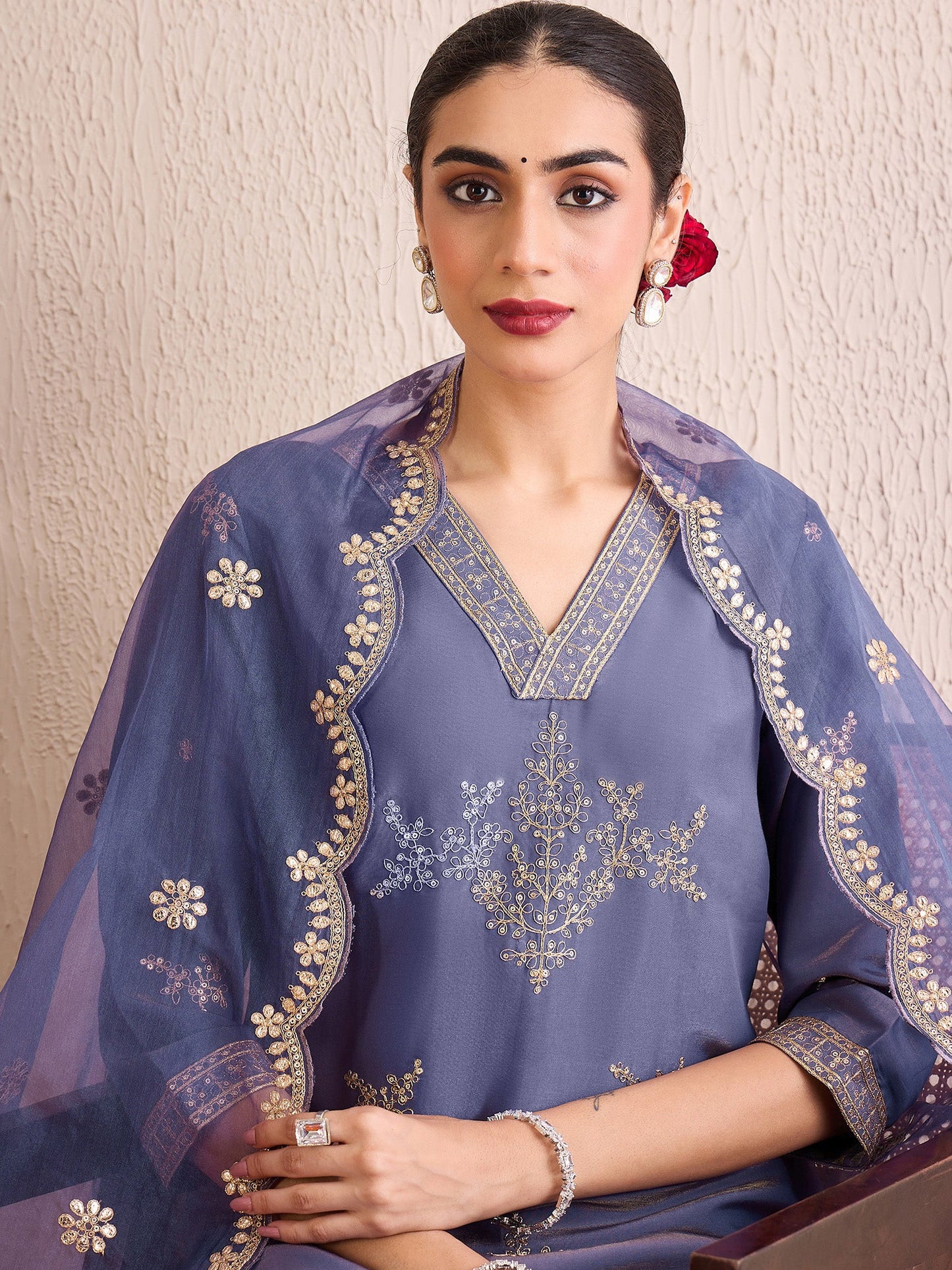 Indo Era Blue Straight Embroidered Kurta Trousers With Dupatta Set