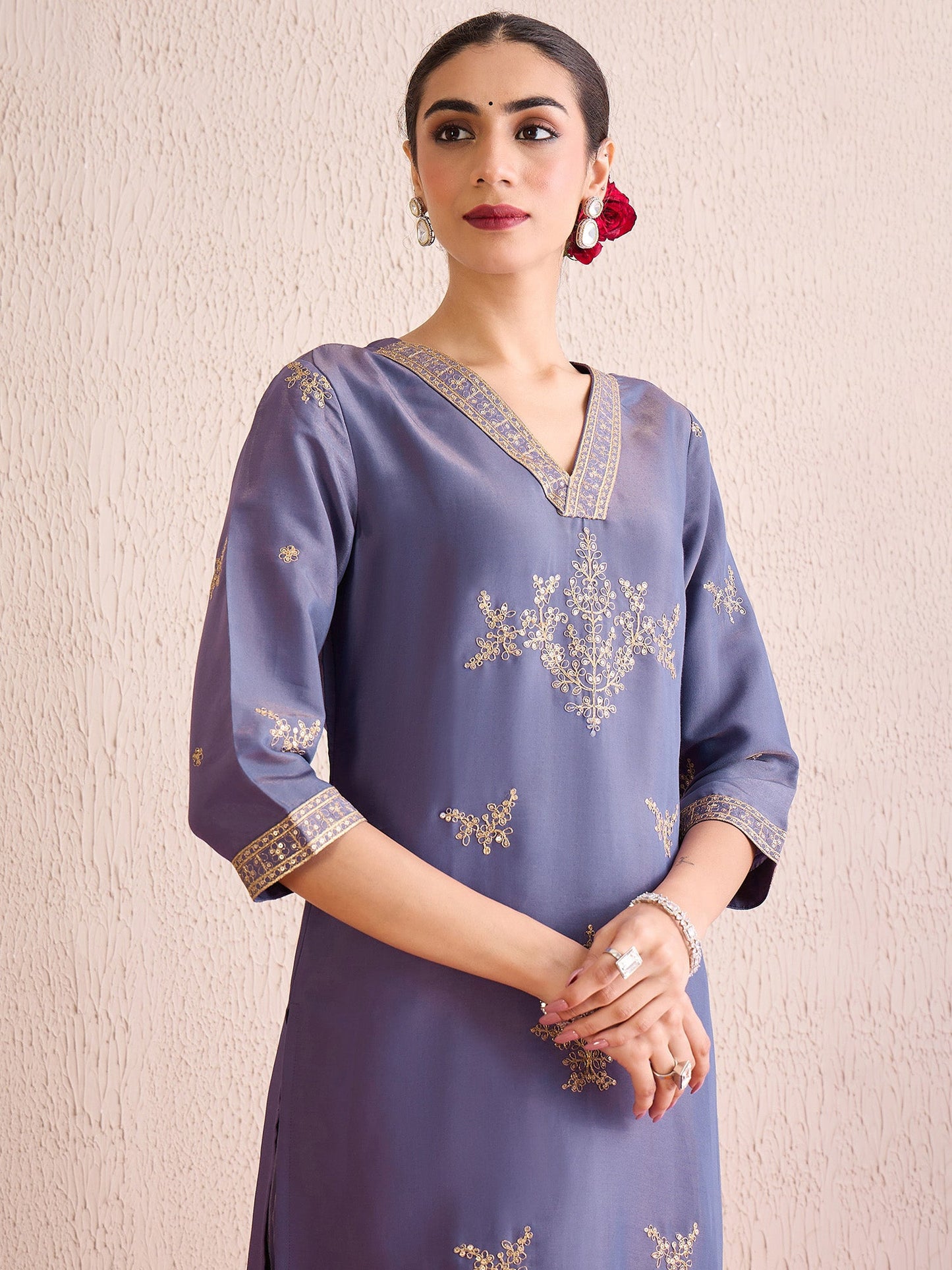 Indo Era Blue Straight Embroidered Kurta Trousers With Dupatta Set