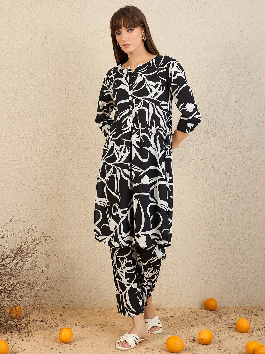 Indo Era Black Printed Straight Kurta Trousers set
