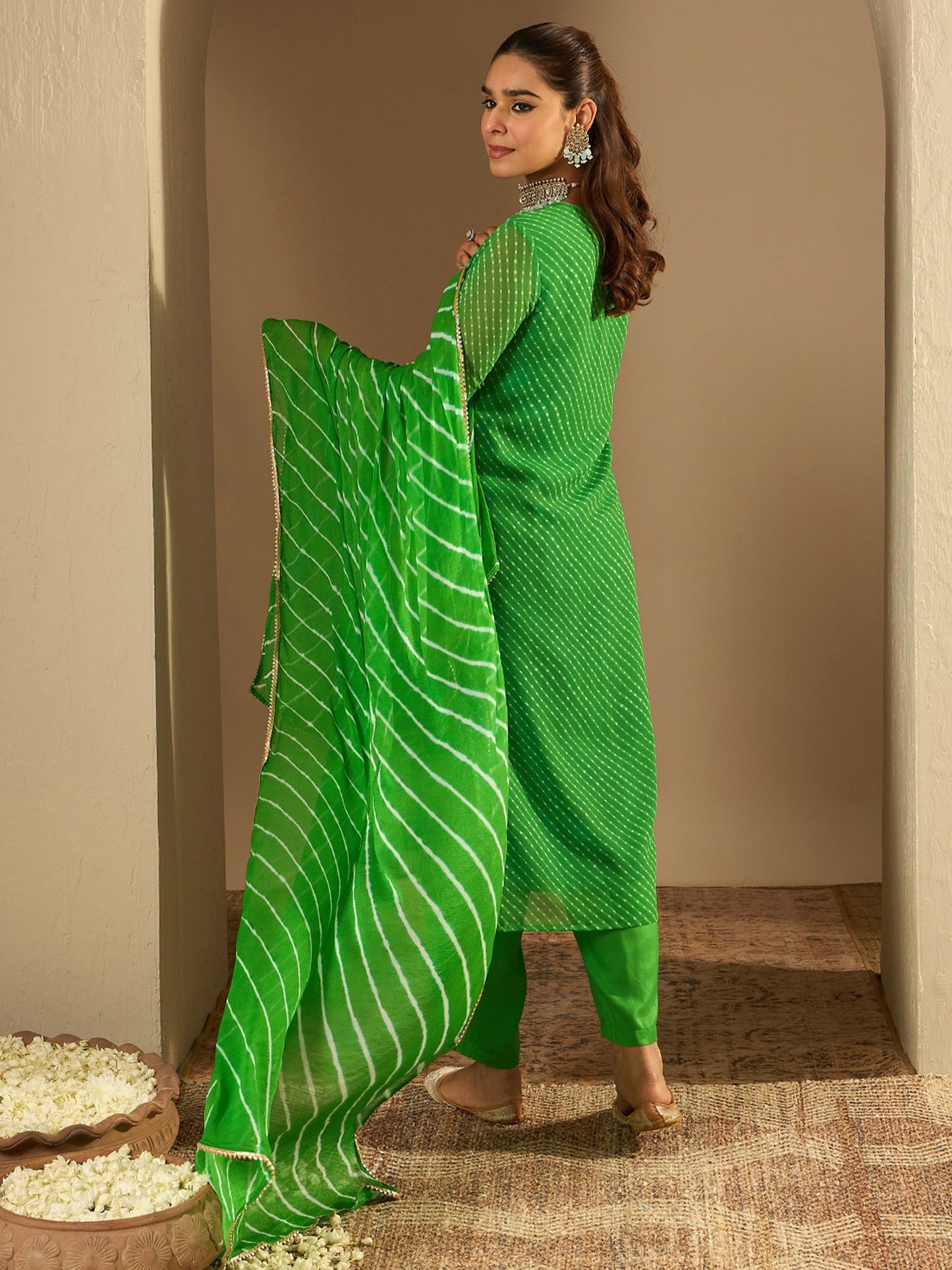 Indo Era Green Printed Straight Kurta Trousers With Dupatta set