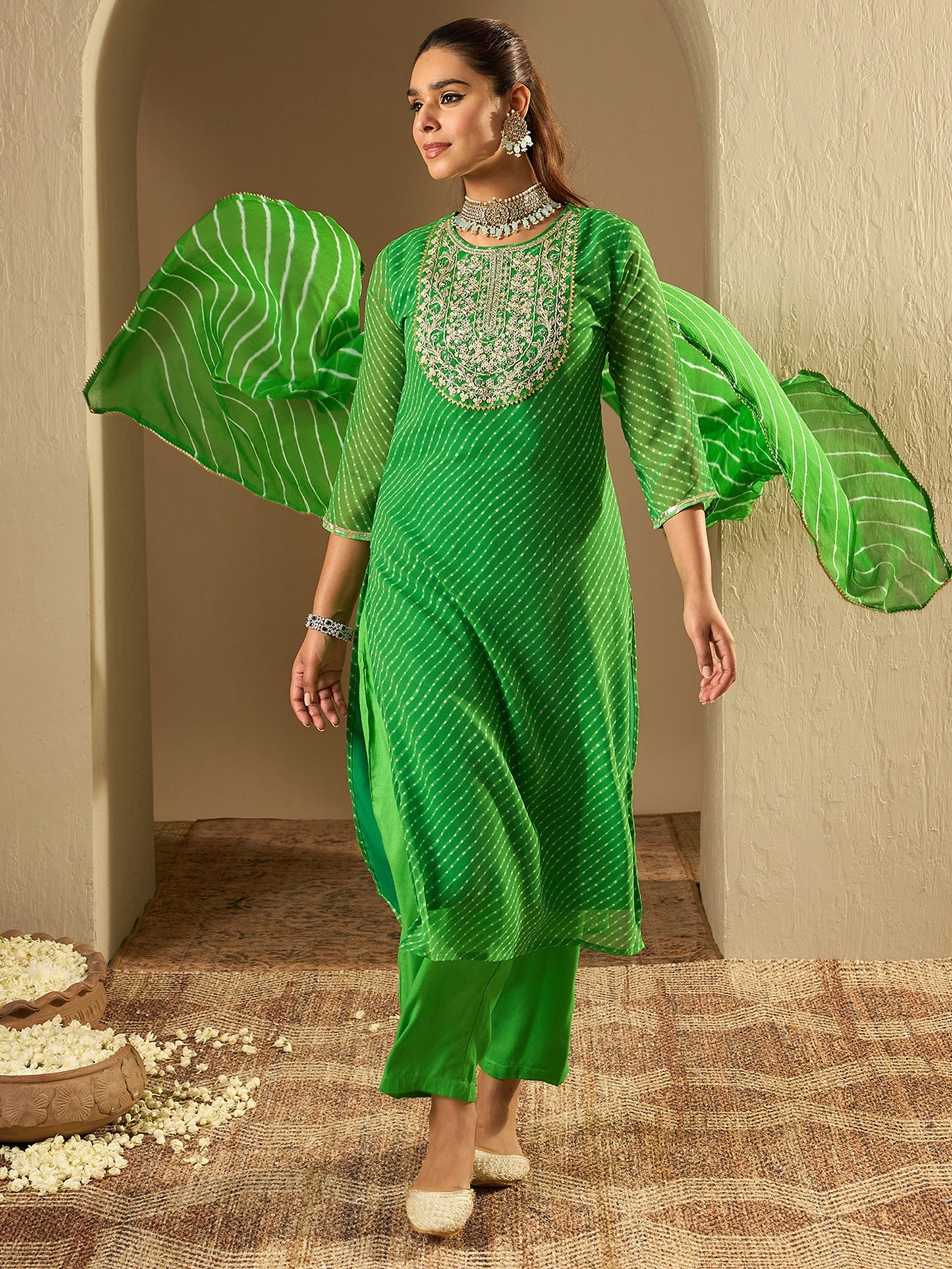 Indo Era Green Printed Straight Kurta Trousers With Dupatta set