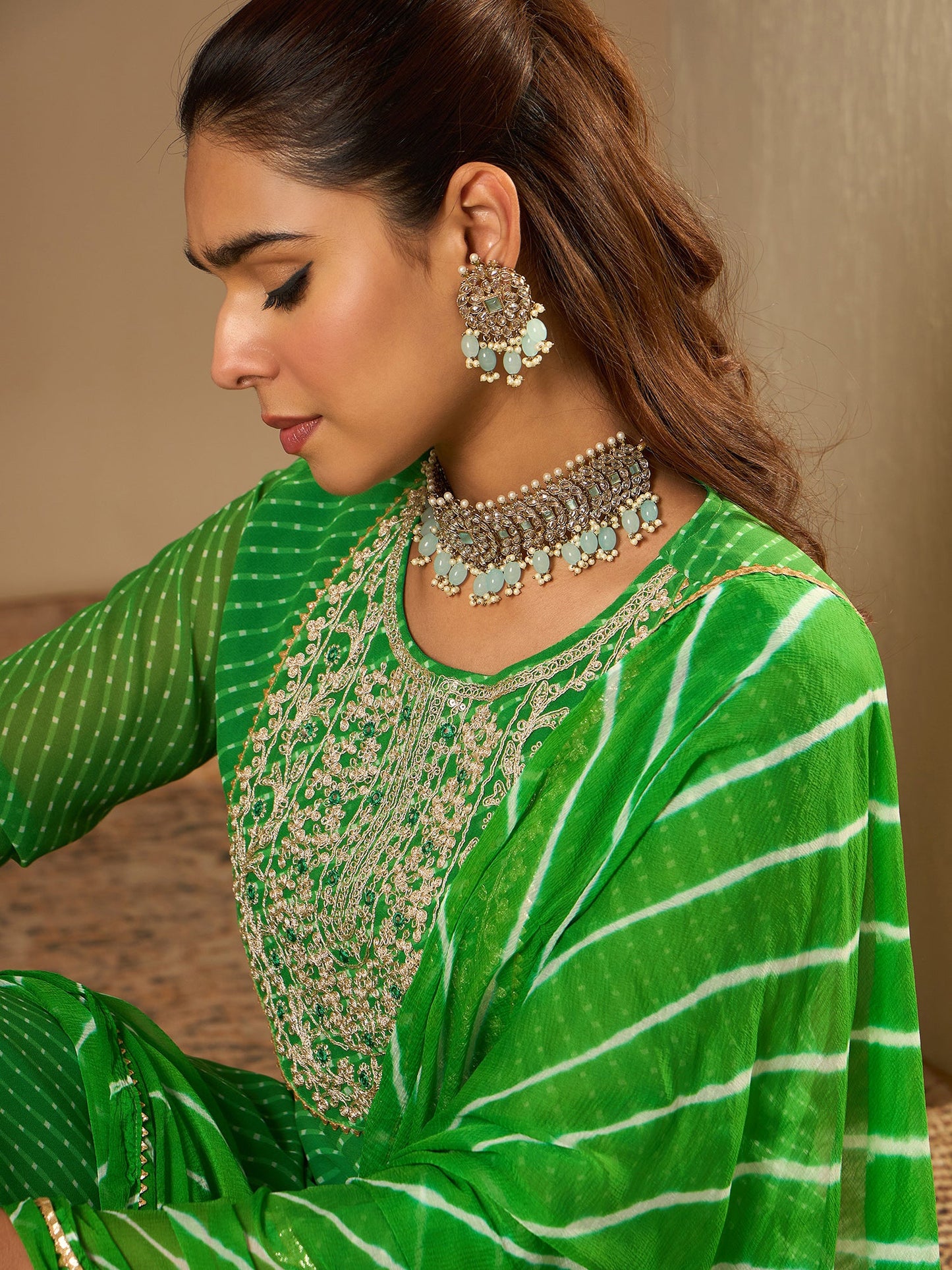 Indo Era Green Printed Straight Kurta Trousers With Dupatta set