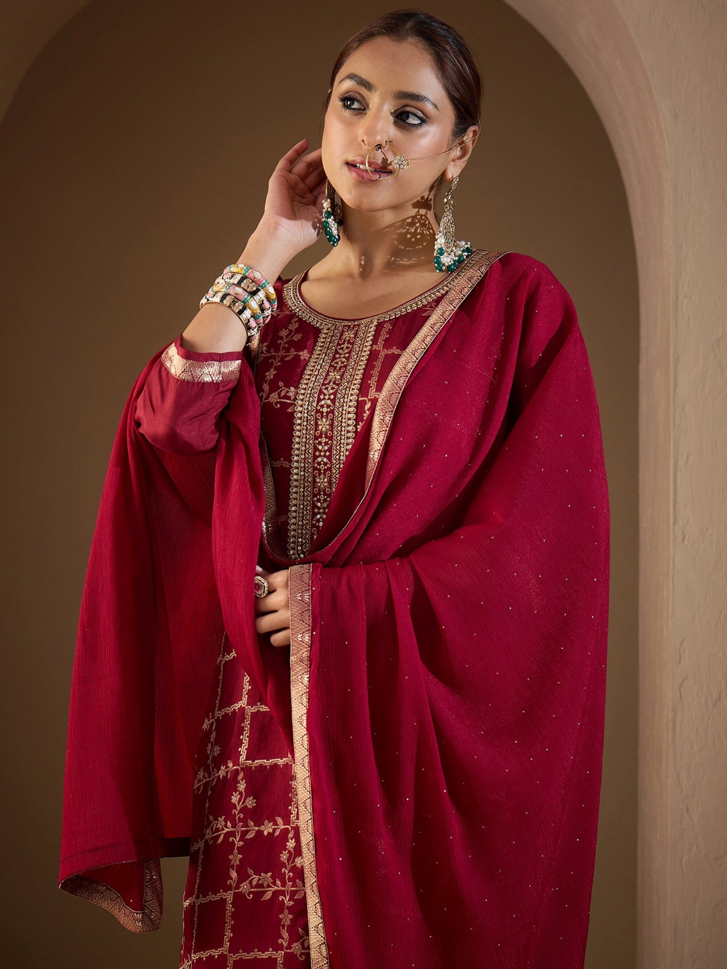 Maroon Embroidered Straight Kurta Trousers With Dupatta set