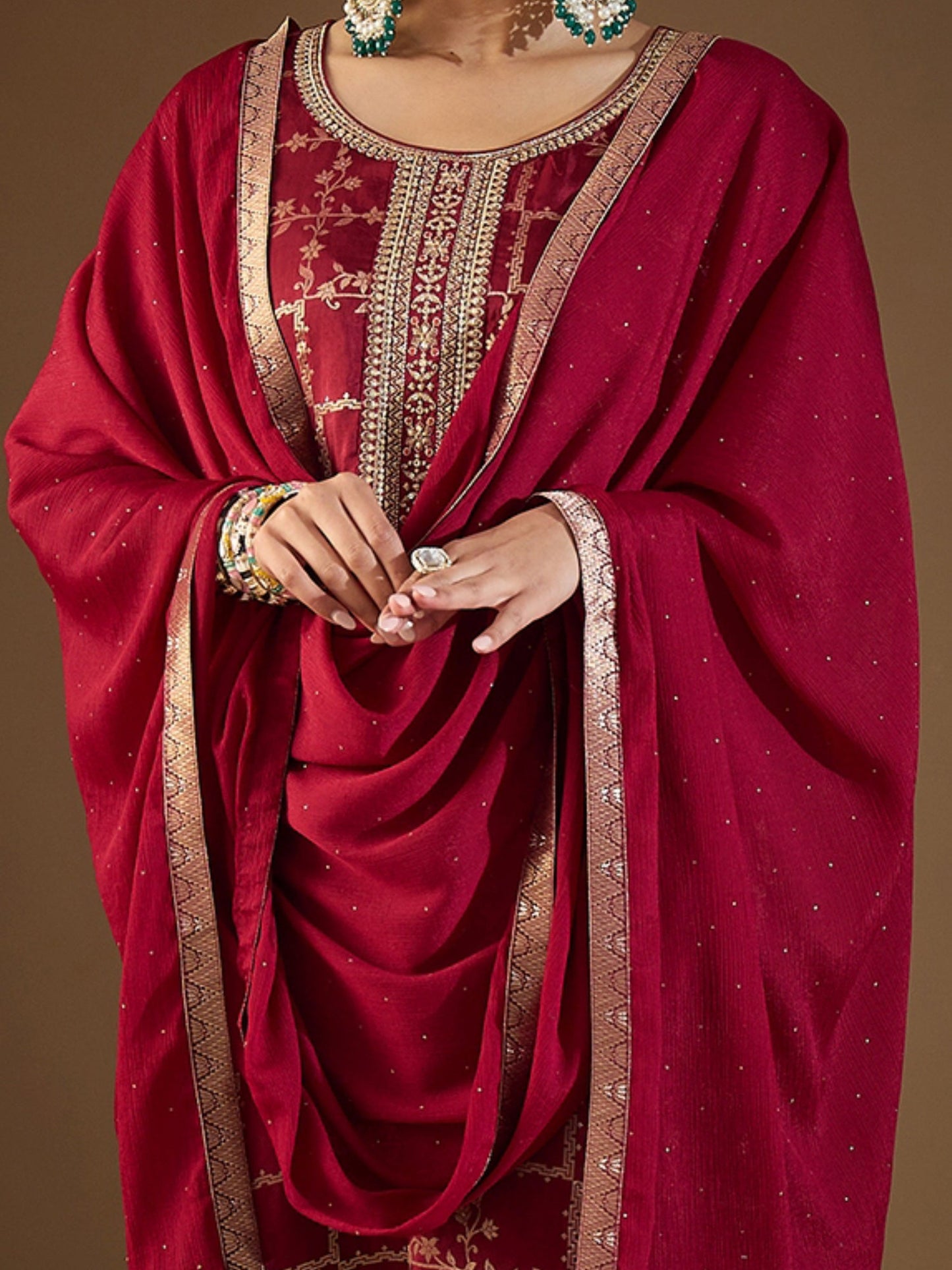 Maroon Embroidered Straight Kurta Trousers With Dupatta set