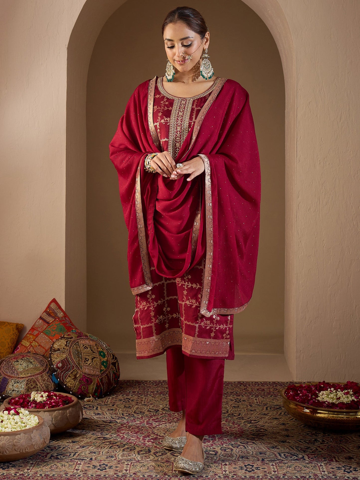 Maroon Embroidered Straight Kurta Trousers With Dupatta set