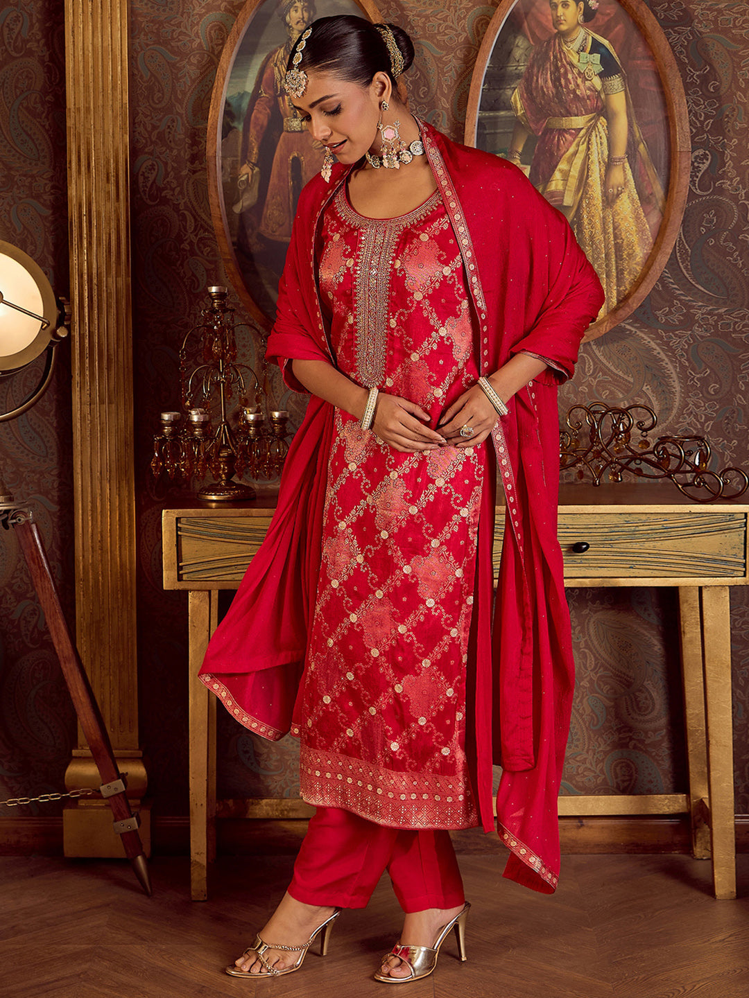 Indo Era Magenta Embroidered Straight Kurta Trousers With Dupatta set