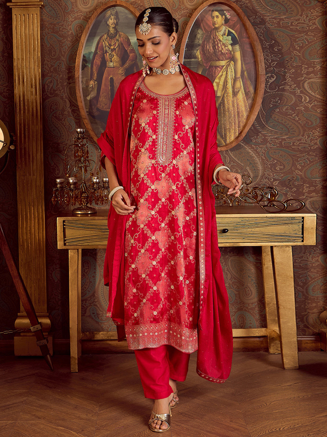 Indo Era Magenta Embroidered Straight Kurta Trousers With Dupatta set