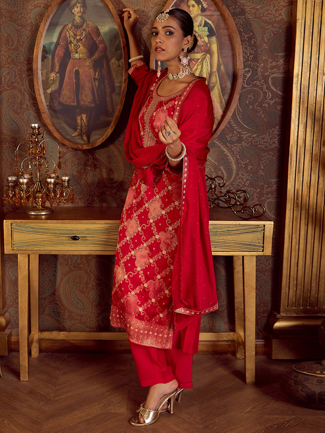 Indo Era Magenta Embroidered Straight Kurta Trousers With Dupatta set
