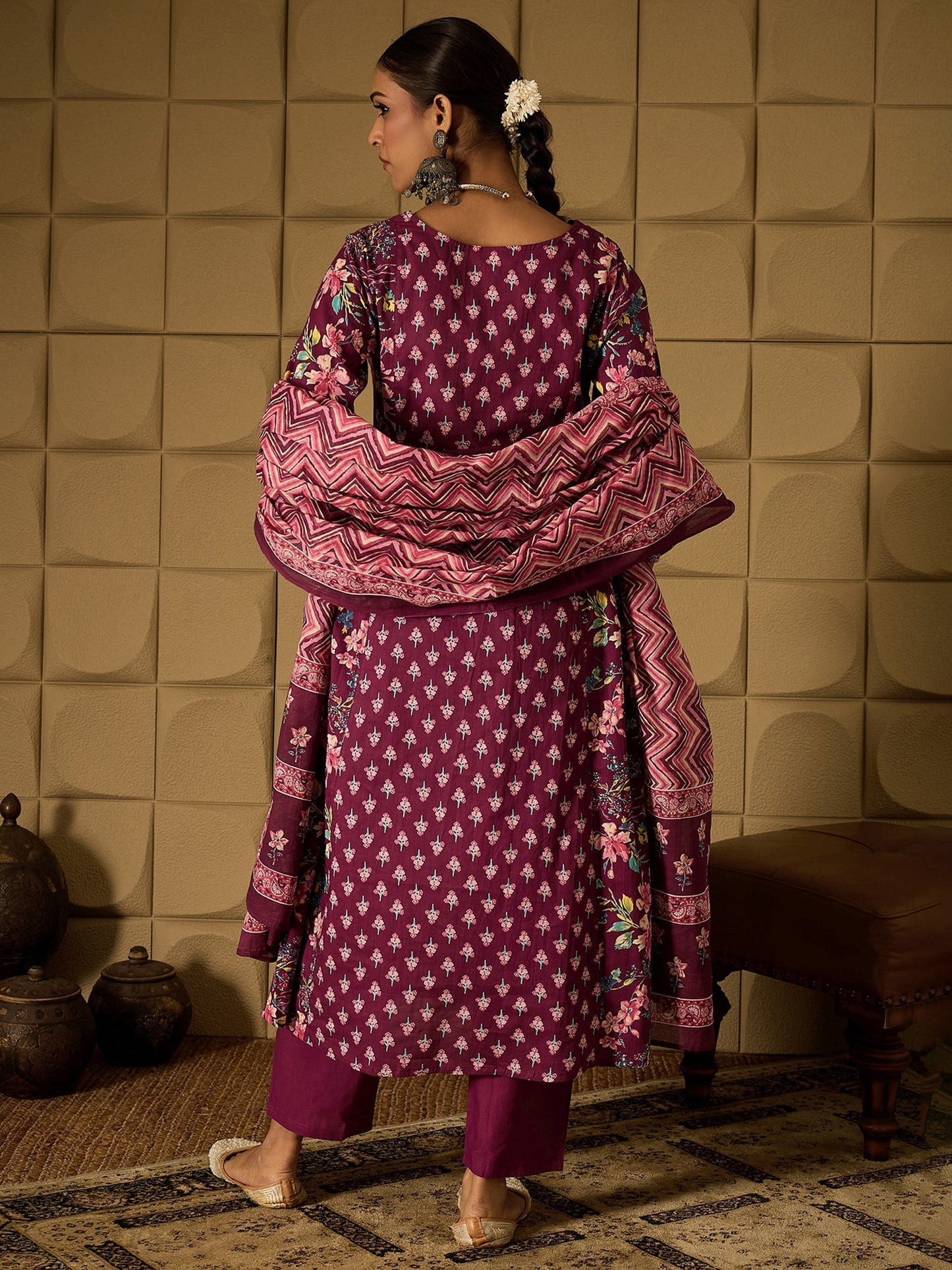 Indo Era Burgundy Printed A-Line Kurta Trousers With Dupatta set