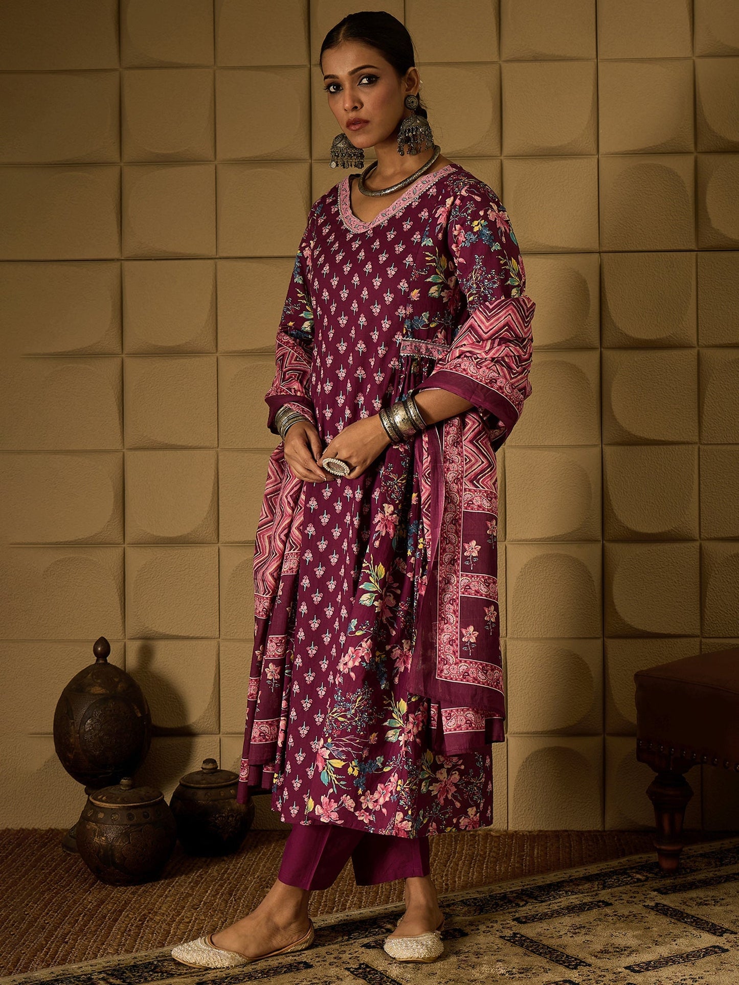 Indo Era Burgundy Printed A-Line Kurta Trousers With Dupatta set