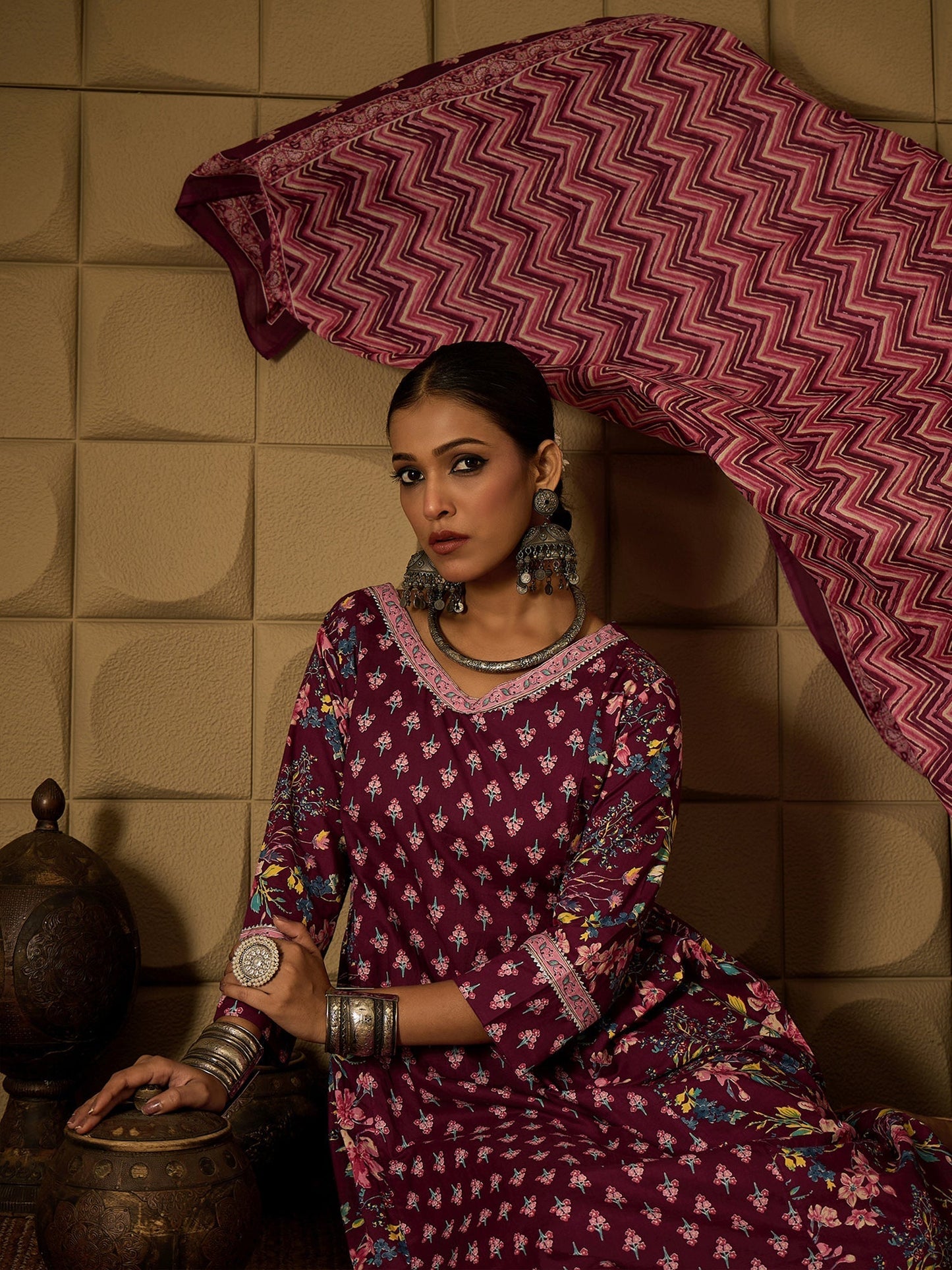 Indo Era Burgundy Printed A-Line Kurta Trousers With Dupatta set
