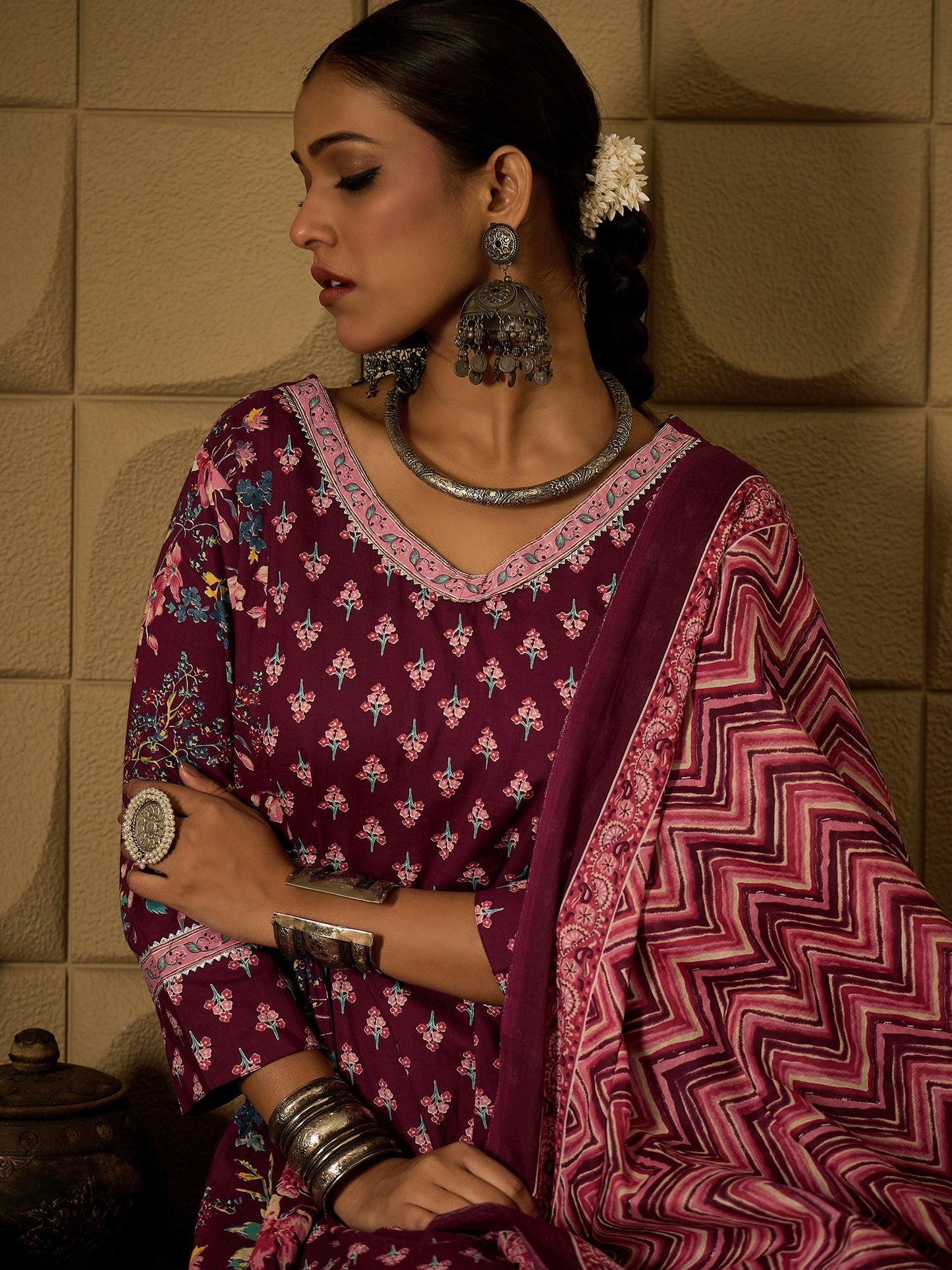 Indo Era Burgundy Printed A-Line Kurta Trousers With Dupatta set