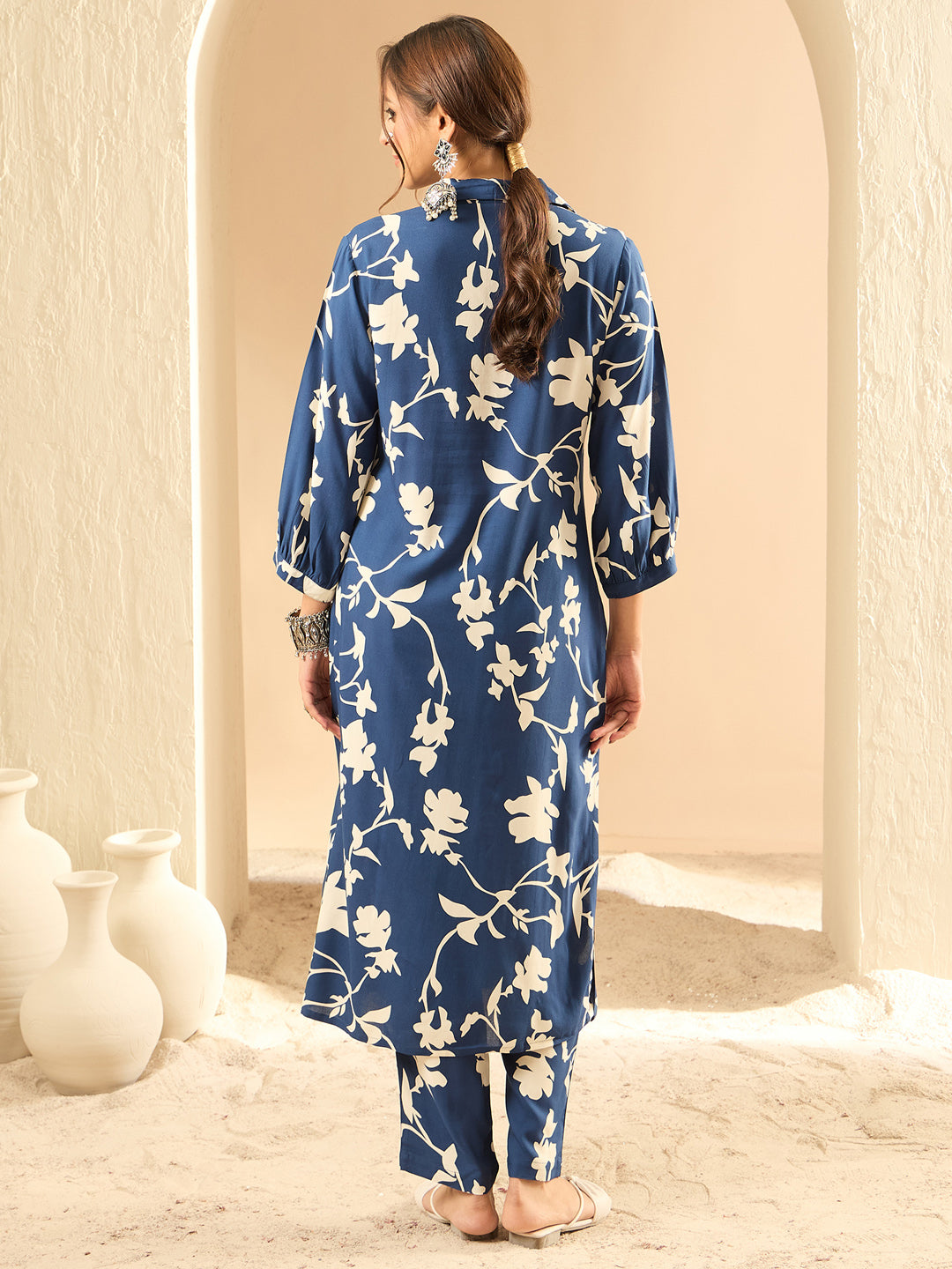 Indo Era Blue Printed Straight Kurta Trousers set
