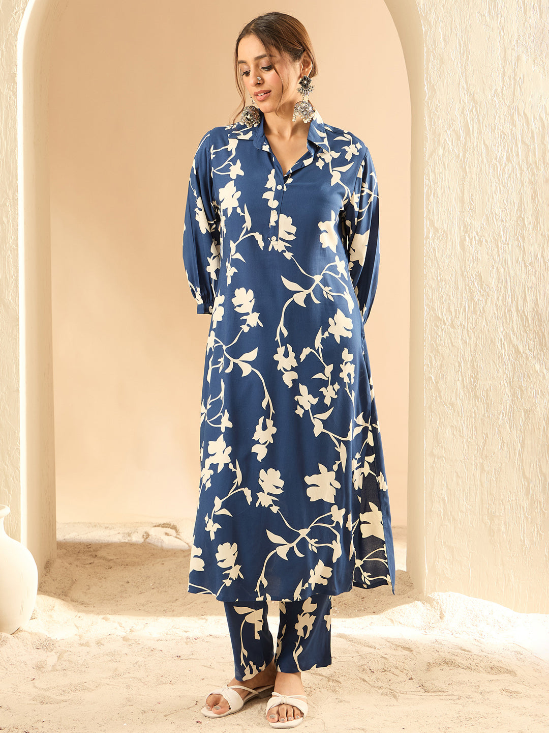 Indo Era Blue Printed Straight Kurta Trousers set
