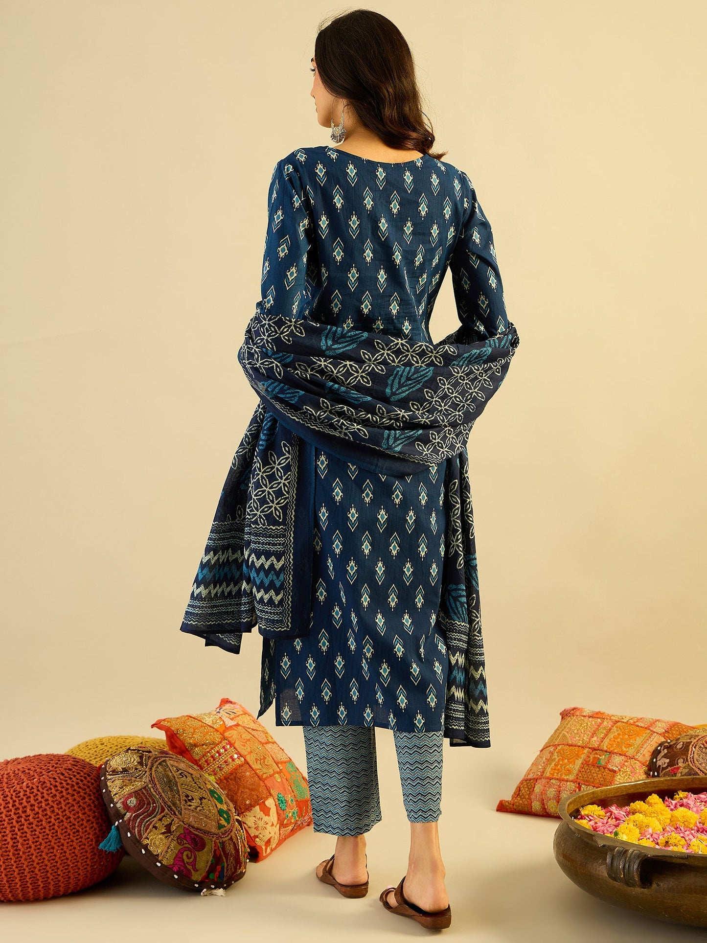 Indo Era Blue Printed Straight Kurta Trousers With Dupatta set