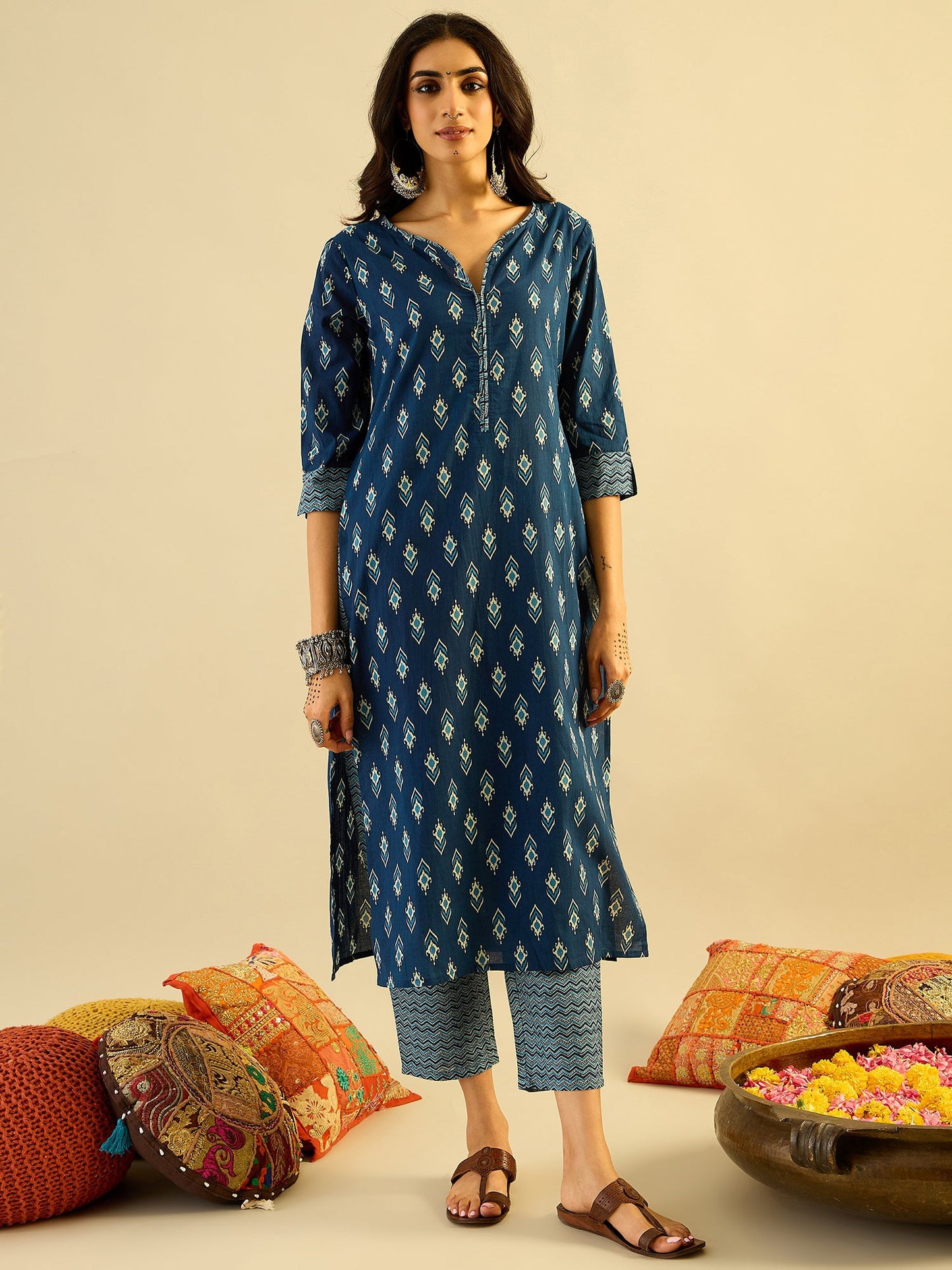 Indo Era Blue Printed Straight Kurta Trousers With Dupatta set