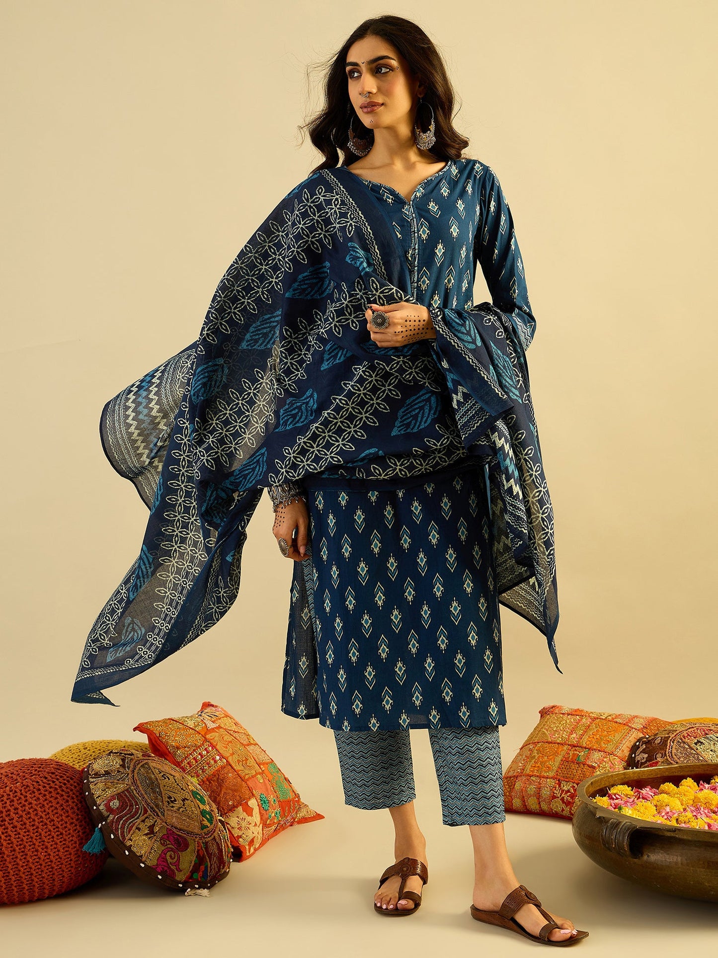 Indo Era Blue Printed Straight Kurta Trousers With Dupatta set