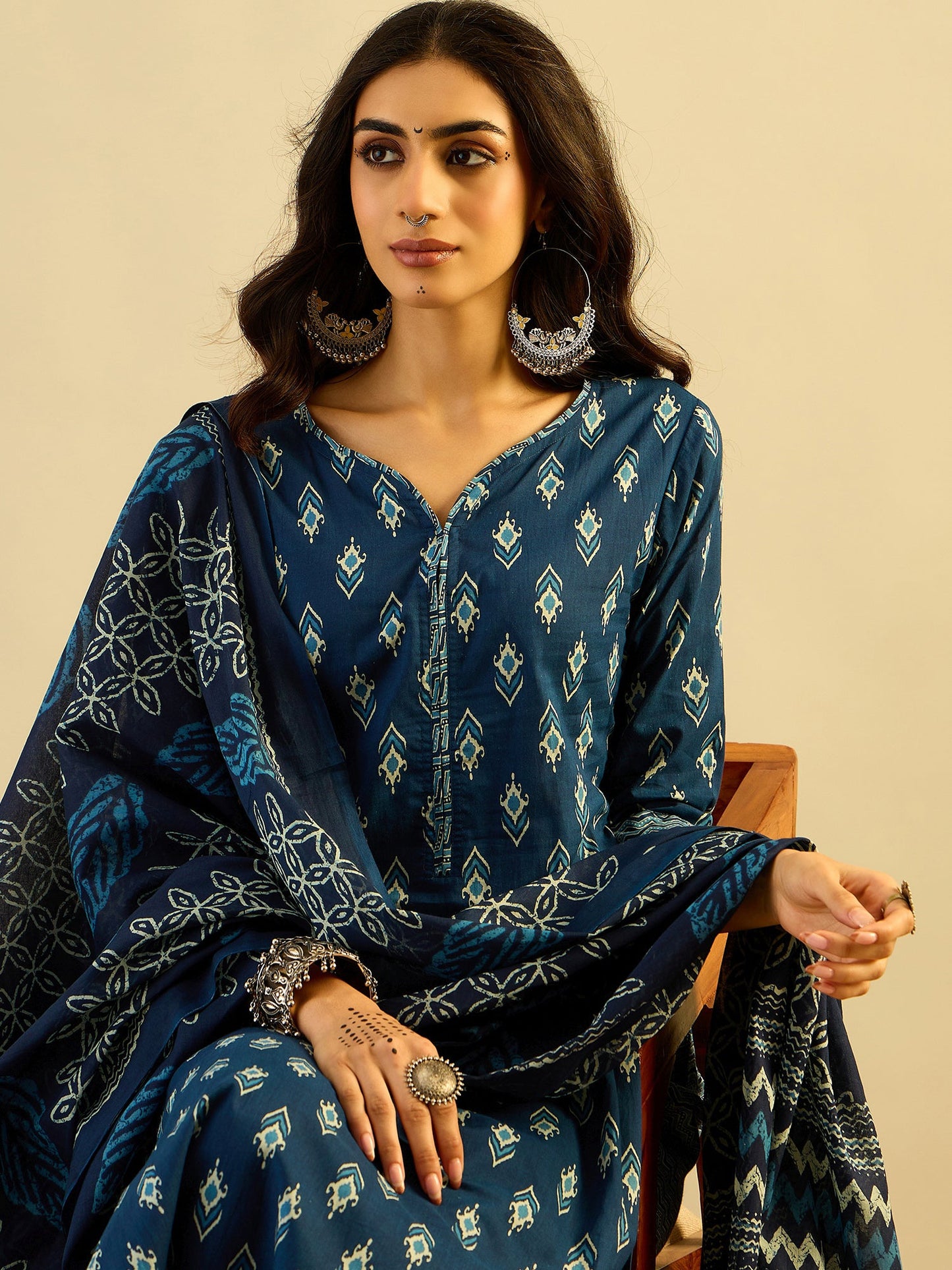 Indo Era Blue Printed Straight Kurta Trousers With Dupatta set