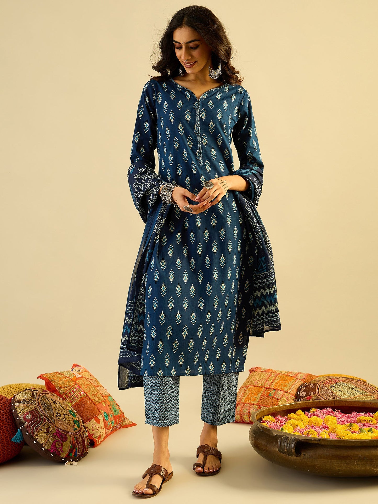 Indo Era Blue Printed Straight Kurta Trousers With Dupatta set
