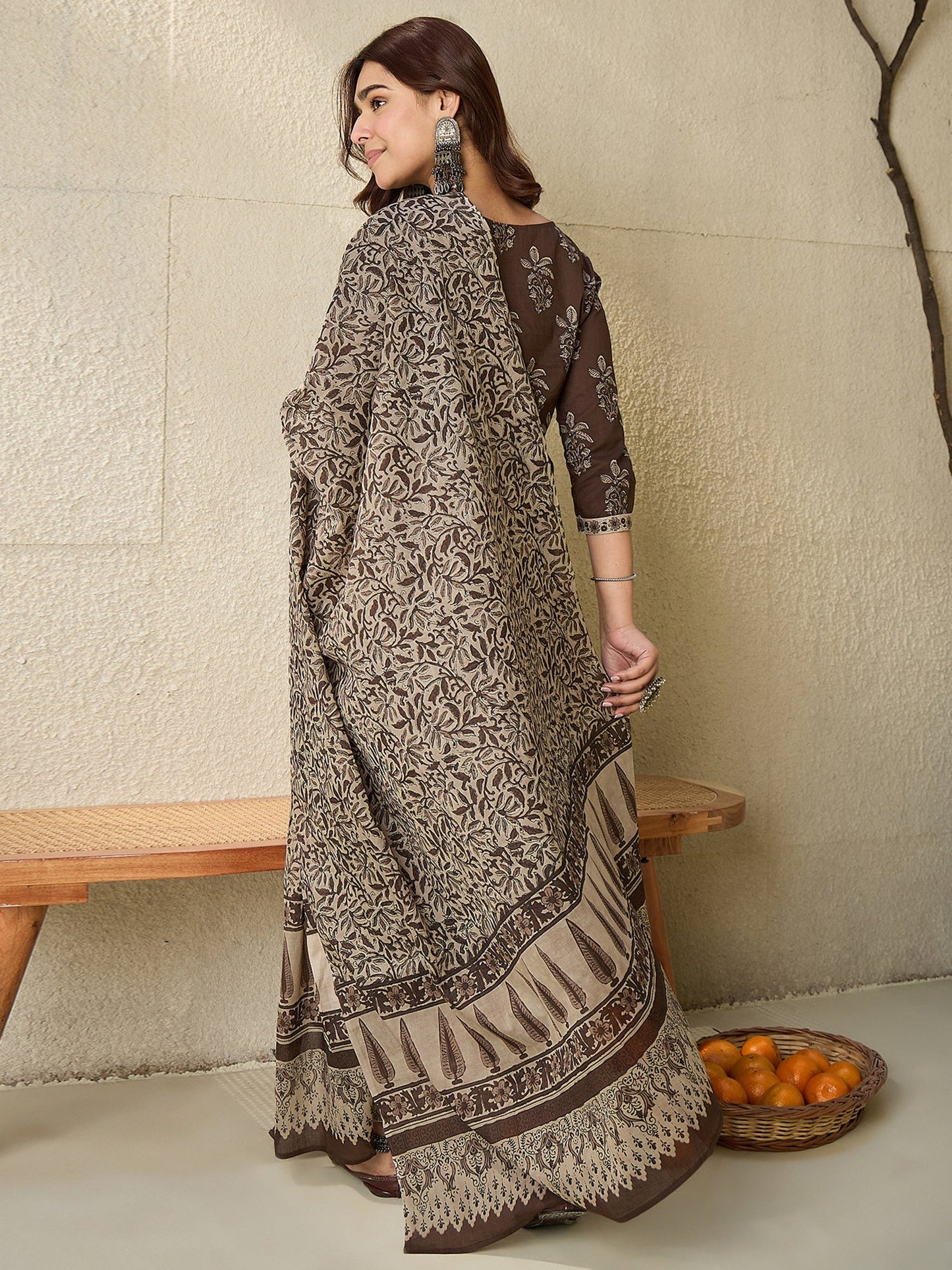 Indo Era Brown Printed Straight Kurta Salwar With Dupatta set