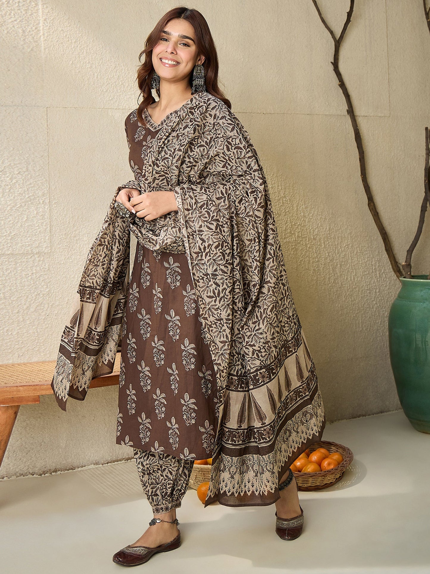 Indo Era Brown Printed Straight Kurta Salwar With Dupatta set