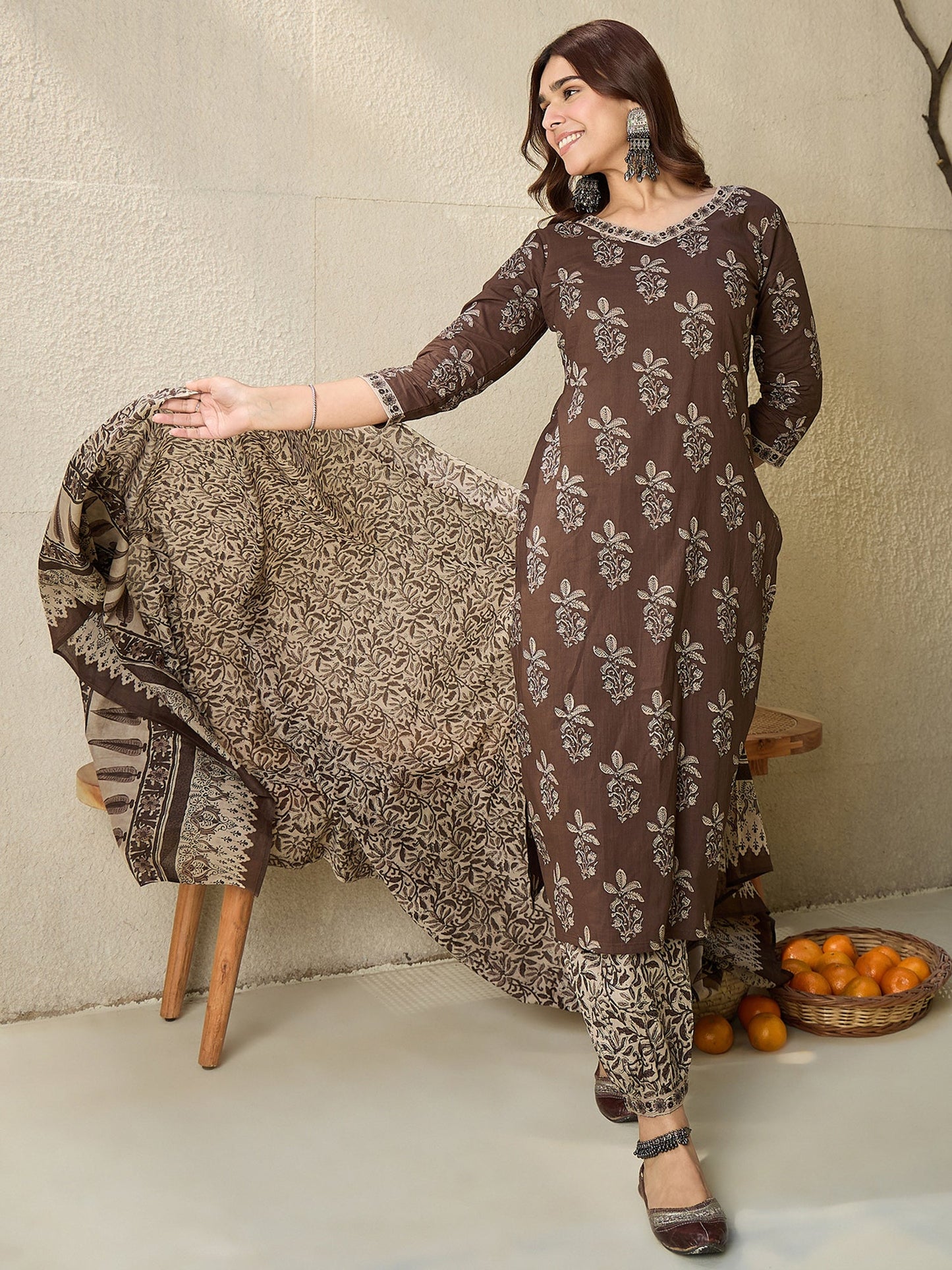 Indo Era Brown Printed Straight Kurta Salwar With Dupatta set