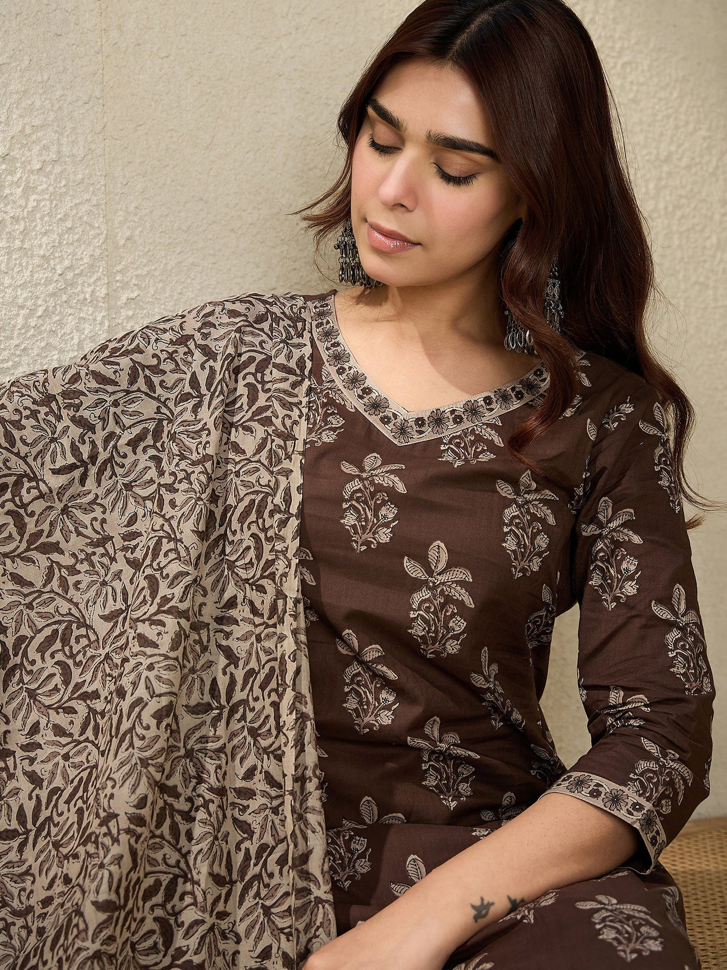 Indo Era Brown Printed Straight Kurta Salwar With Dupatta set