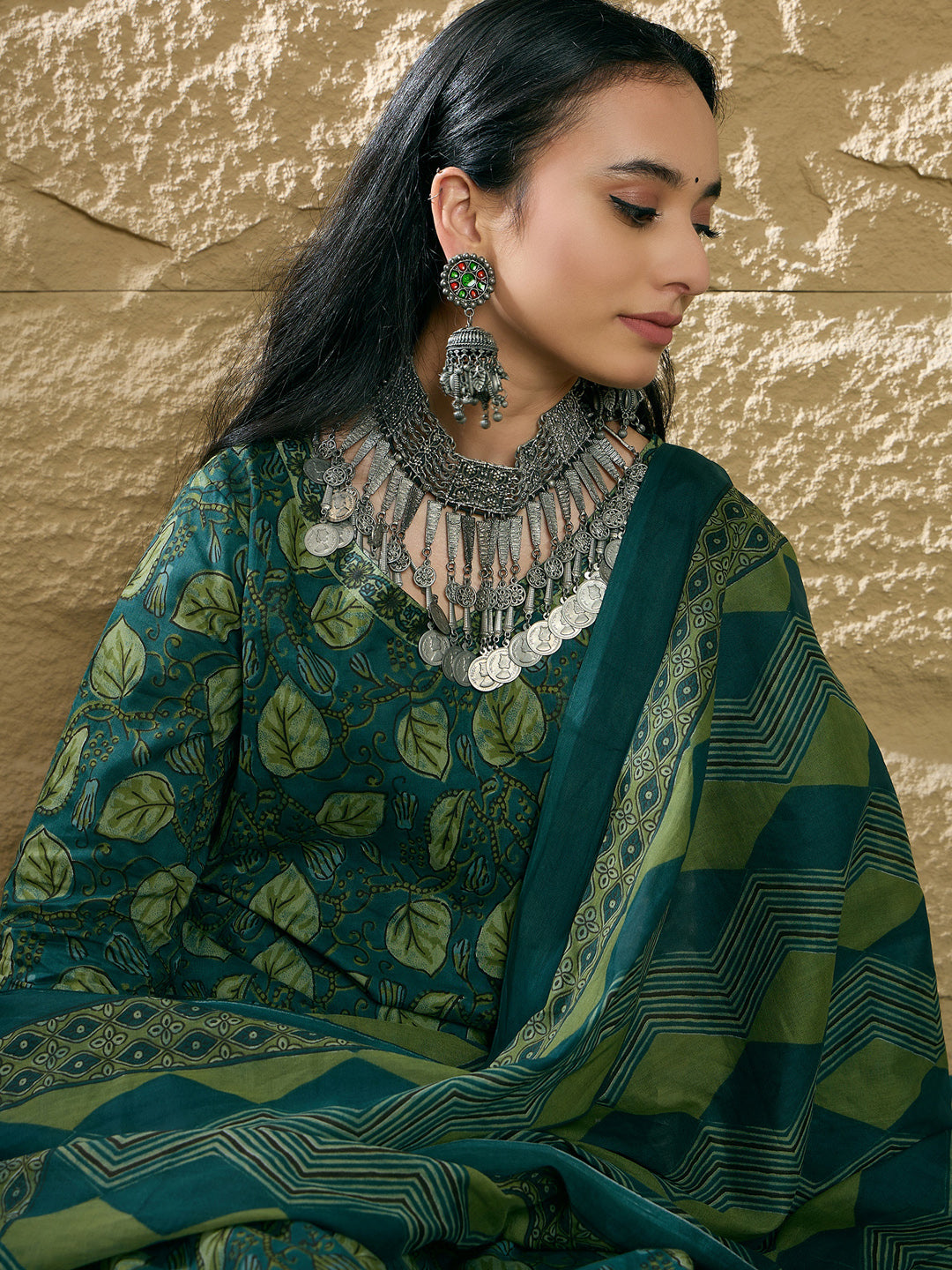 Indo Era Green Printed Straight Kurta Trousers With Dupatta Set