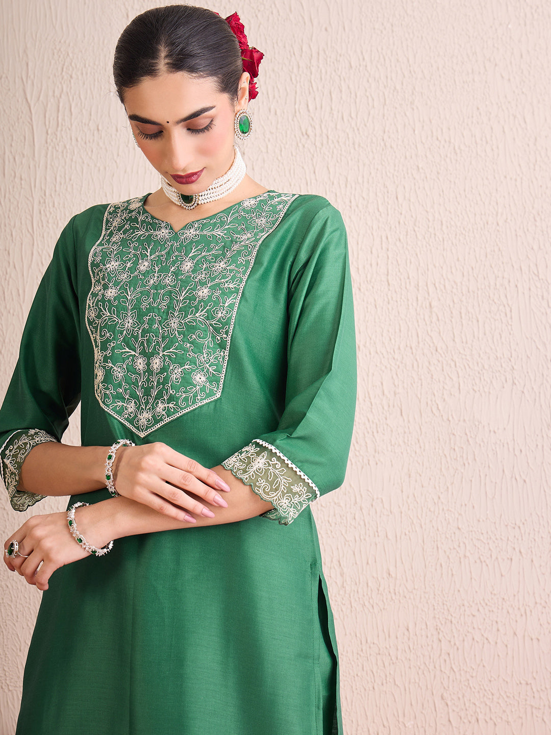 Indo Era Green Embroidered Straight Kurta Trousers With Dupatta set