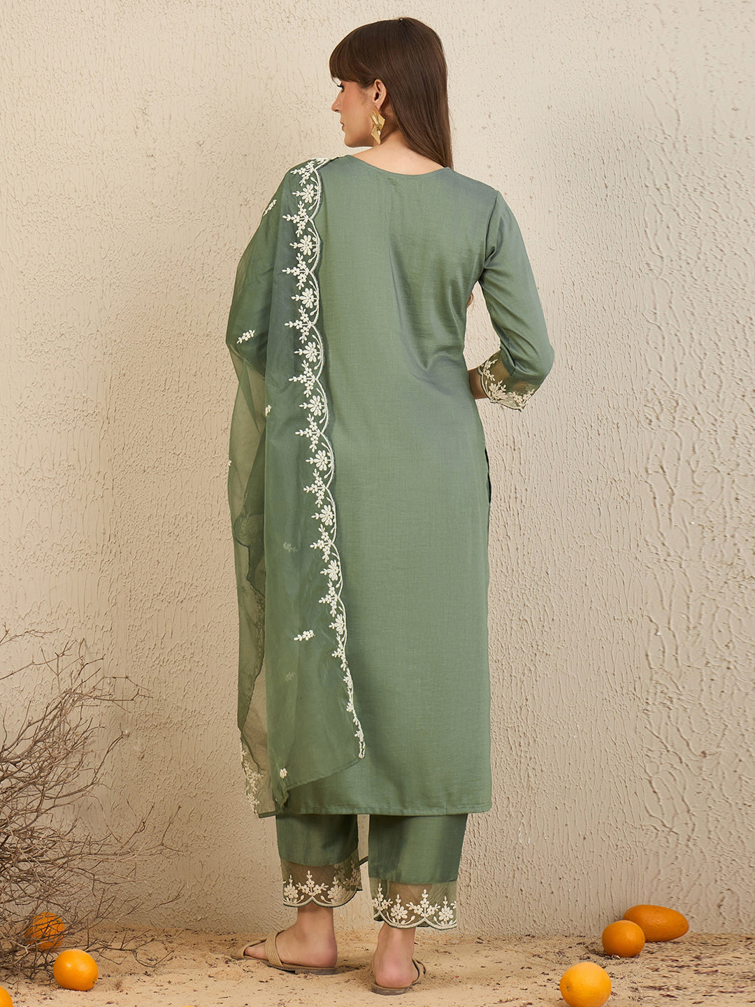 Indo Era Green Embroidered Straight Kurta Trousers With Dupatta set