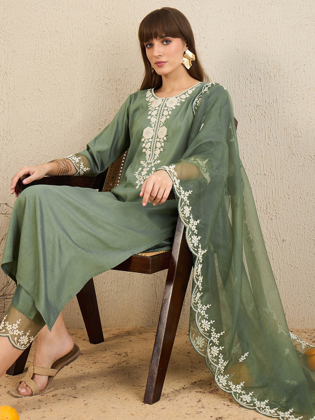 Indo Era Green Embroidered Straight Kurta Trousers With Dupatta set