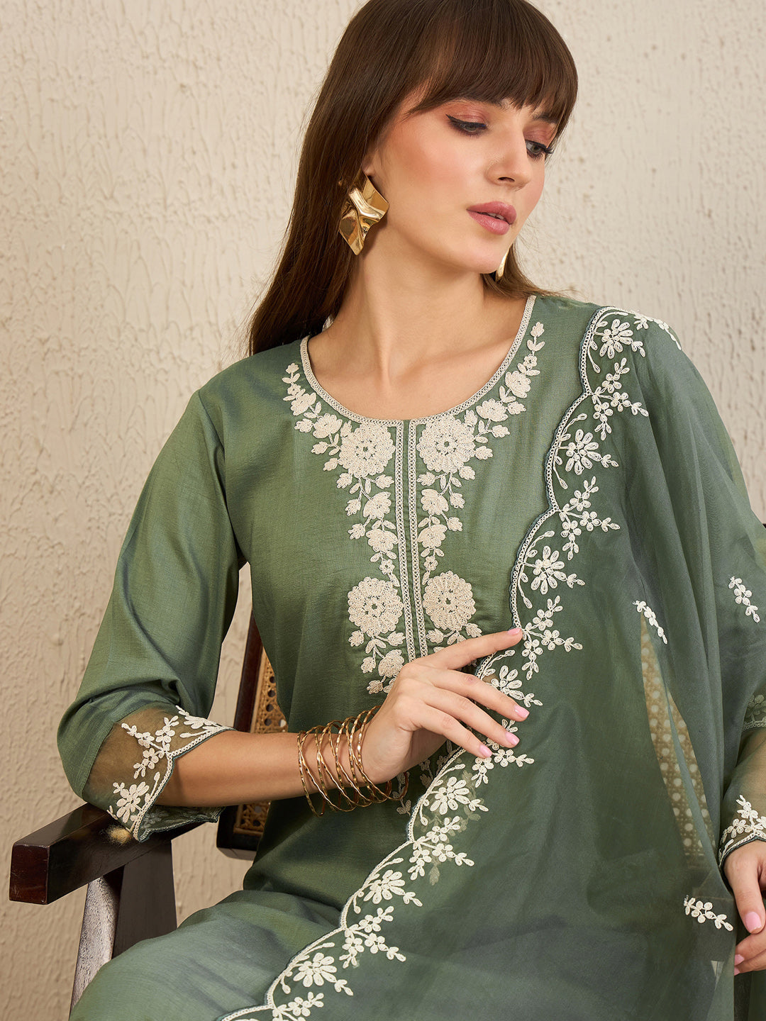 Indo Era Green Embroidered Straight Kurta Trousers With Dupatta set