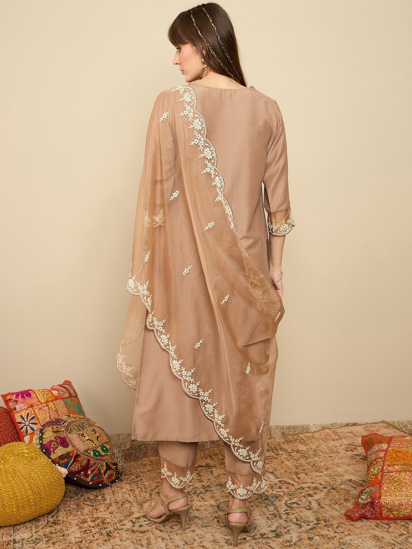 Brown Embroidered Straight Kurta Trousers With Dupatta set